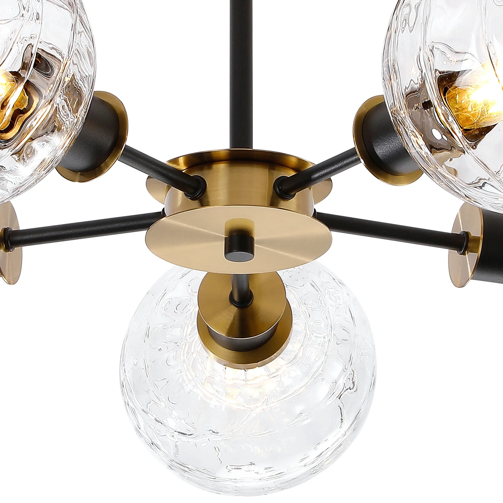 Sycamore Semi Ceiliing 5 Light with 15cm Round Textured Melting Glass Shade - Brass, Clear & Satin Black