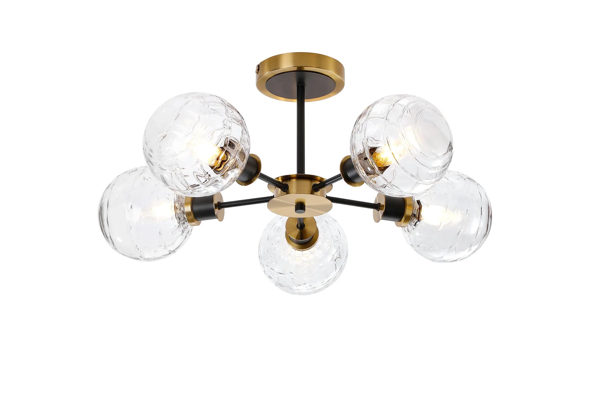 Sycamore Semi Ceiliing 5 Light with 15cm Round Textured Melting Glass Shade - Brass, Clear & Satin Black