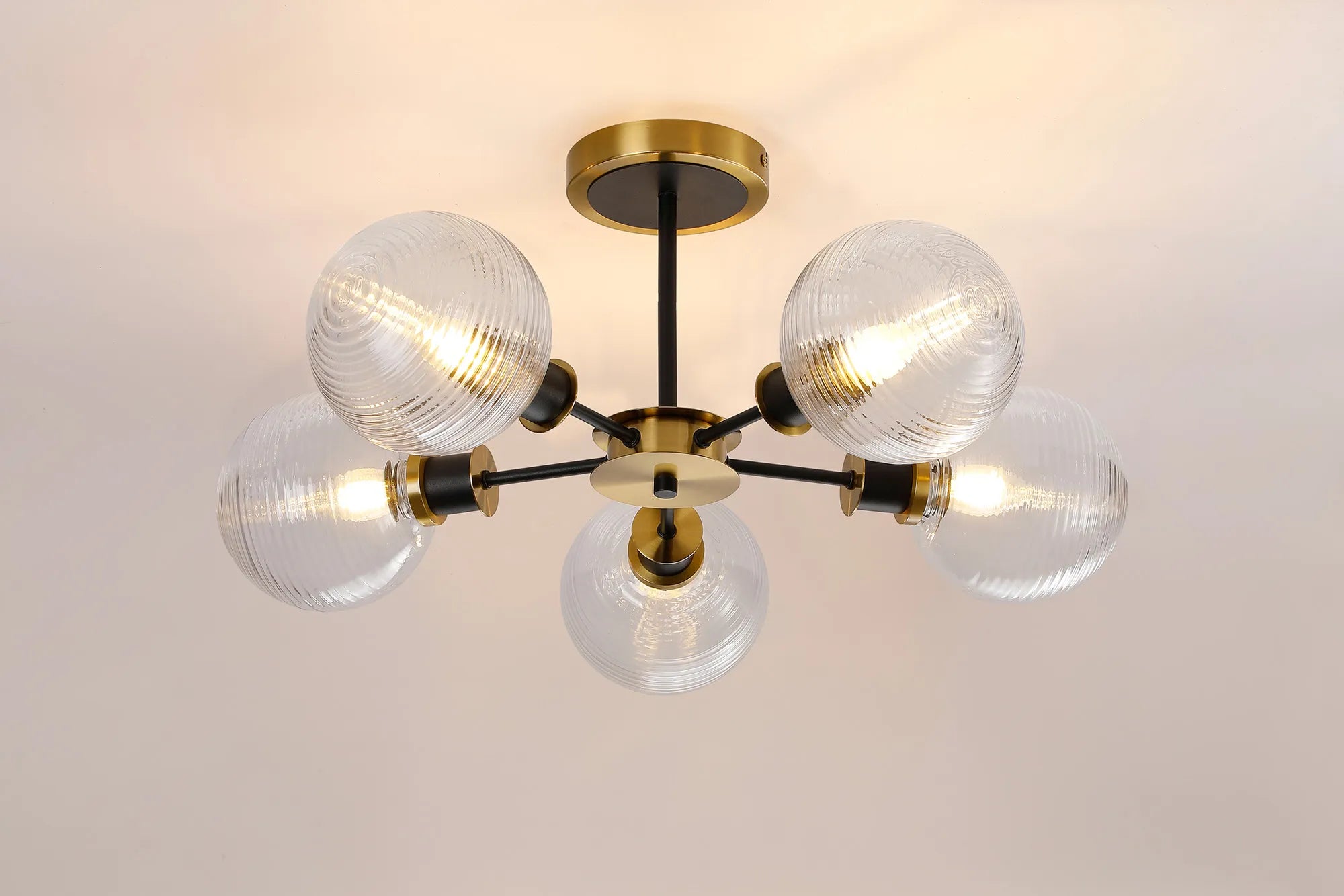 Sycamore Semi Ceiliing 5 Light with 15cm Round Ribbed Glass Shade - Brass, Clear & Satin Black