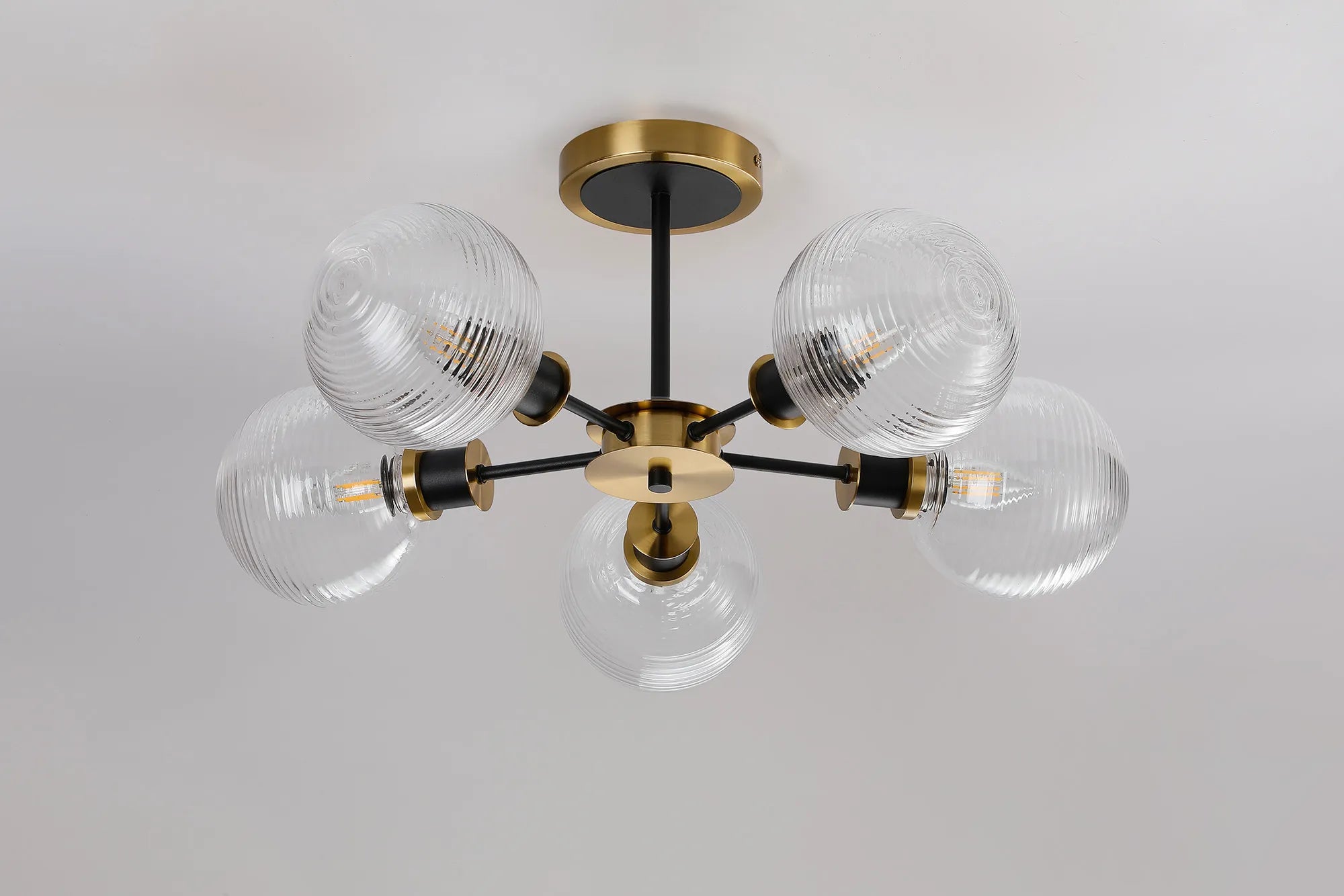 Sycamore Semi Ceiliing 5 Light with 15cm Round Ribbed Glass Shade - Brass, Clear & Satin Black