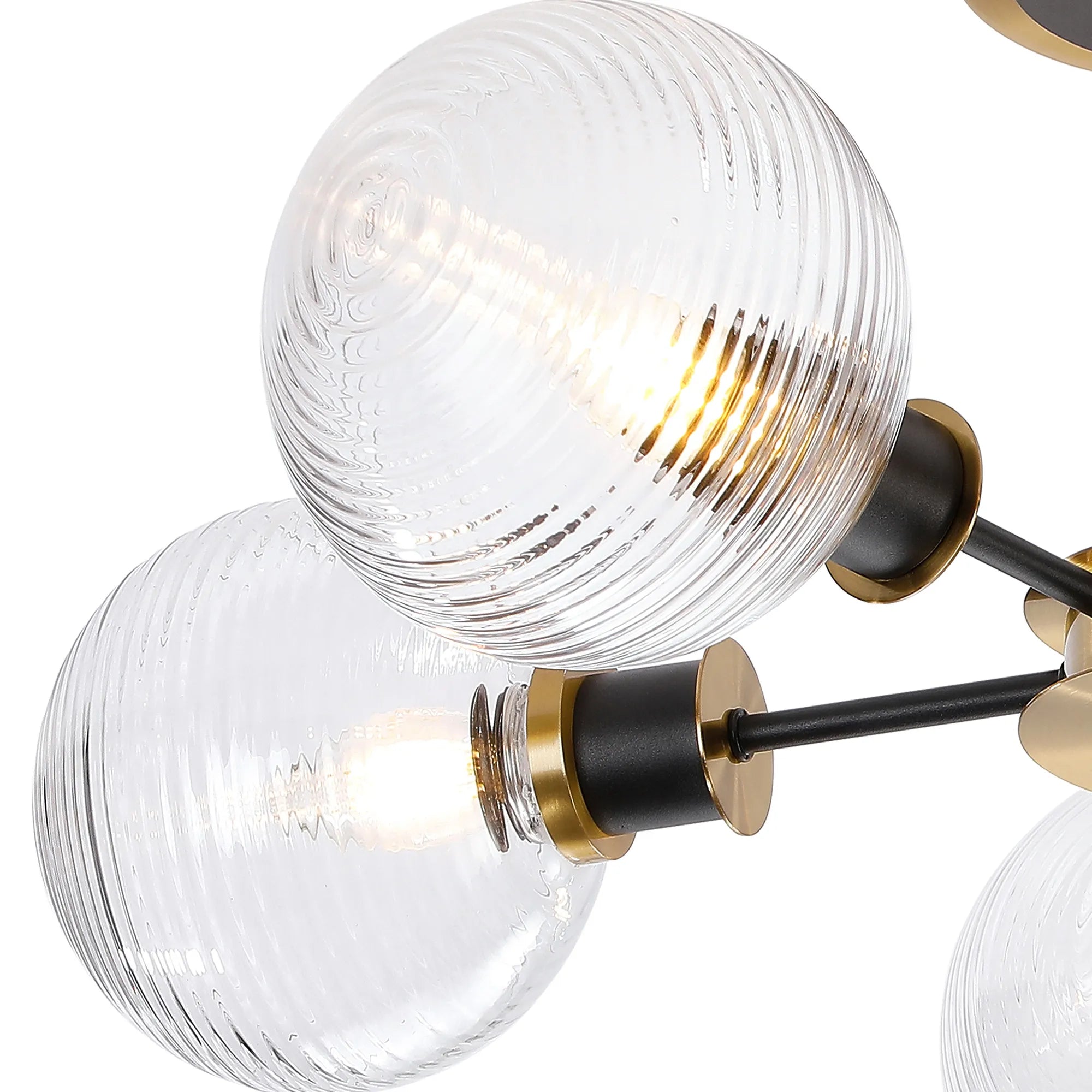 Sycamore Semi Ceiliing 5 Light with 15cm Round Ribbed Glass Shade - Brass, Clear & Satin Black