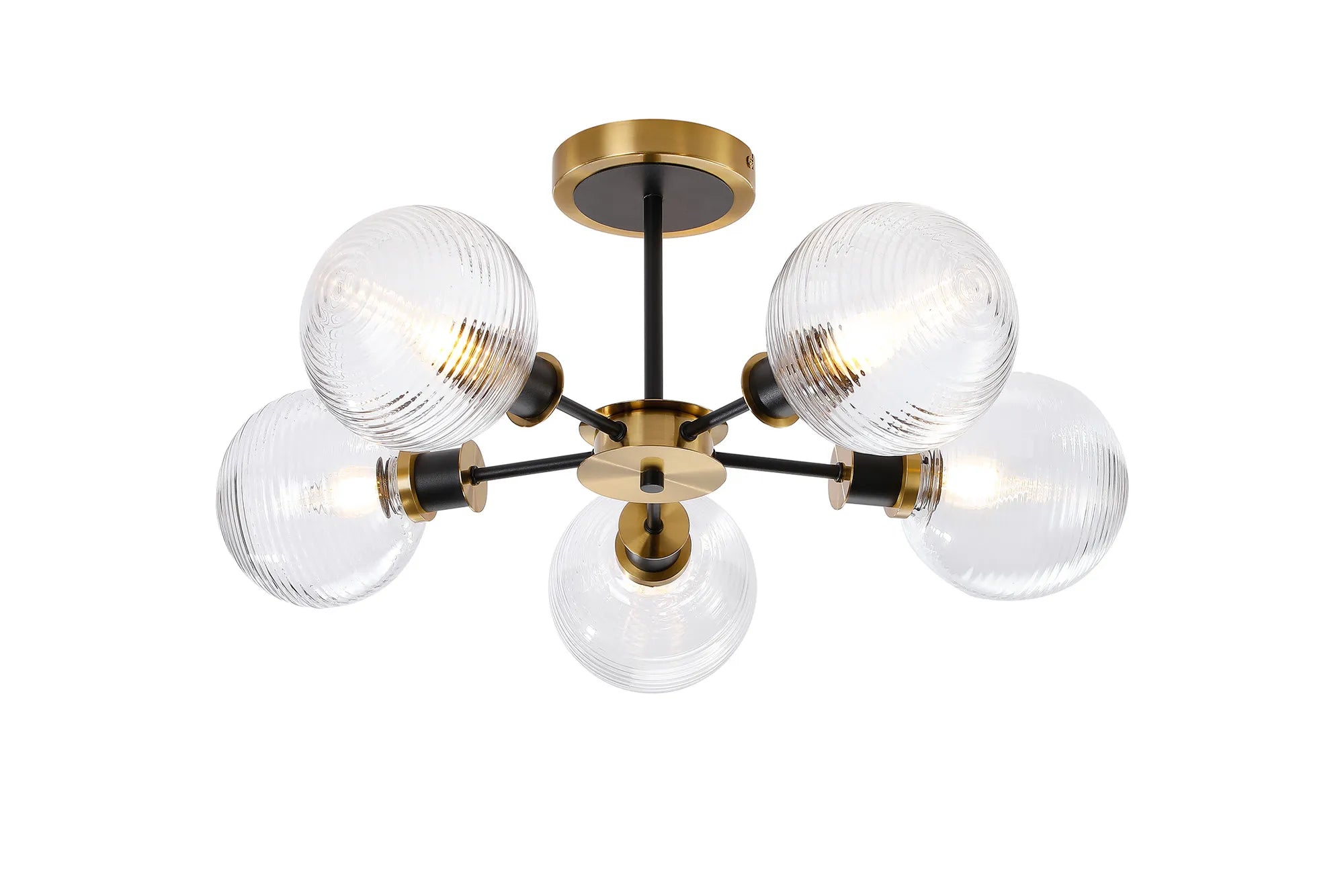 Sycamore Semi Ceiliing 5 Light with 15cm Round Ribbed Glass Shade - Brass, Clear & Satin Black