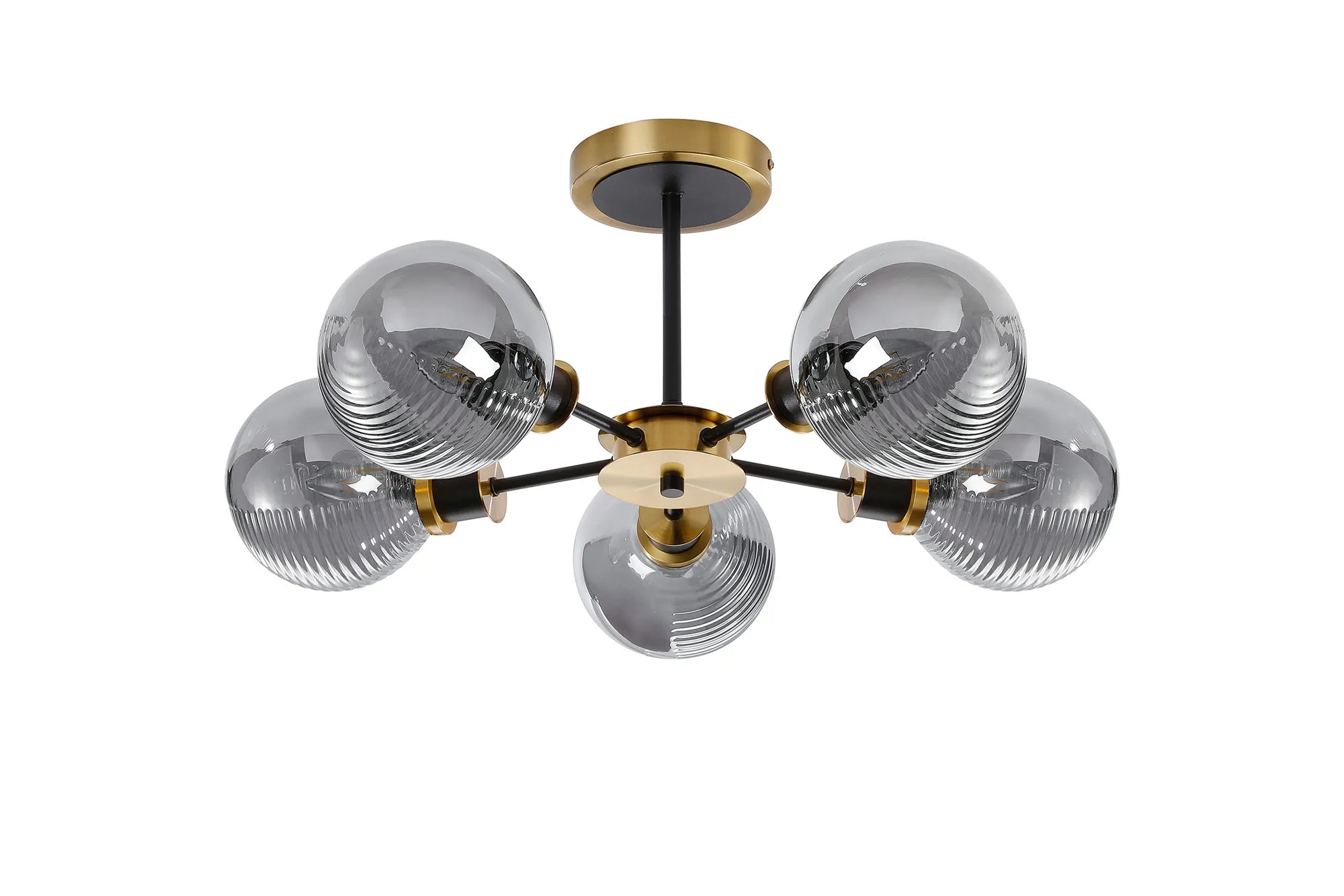 Sycamore Semi Ceiliing 5 Light with 15cm Round Double Textured Smooth & Ribbed Glass Shade - Brass, Smoke Plated & Satin Black
