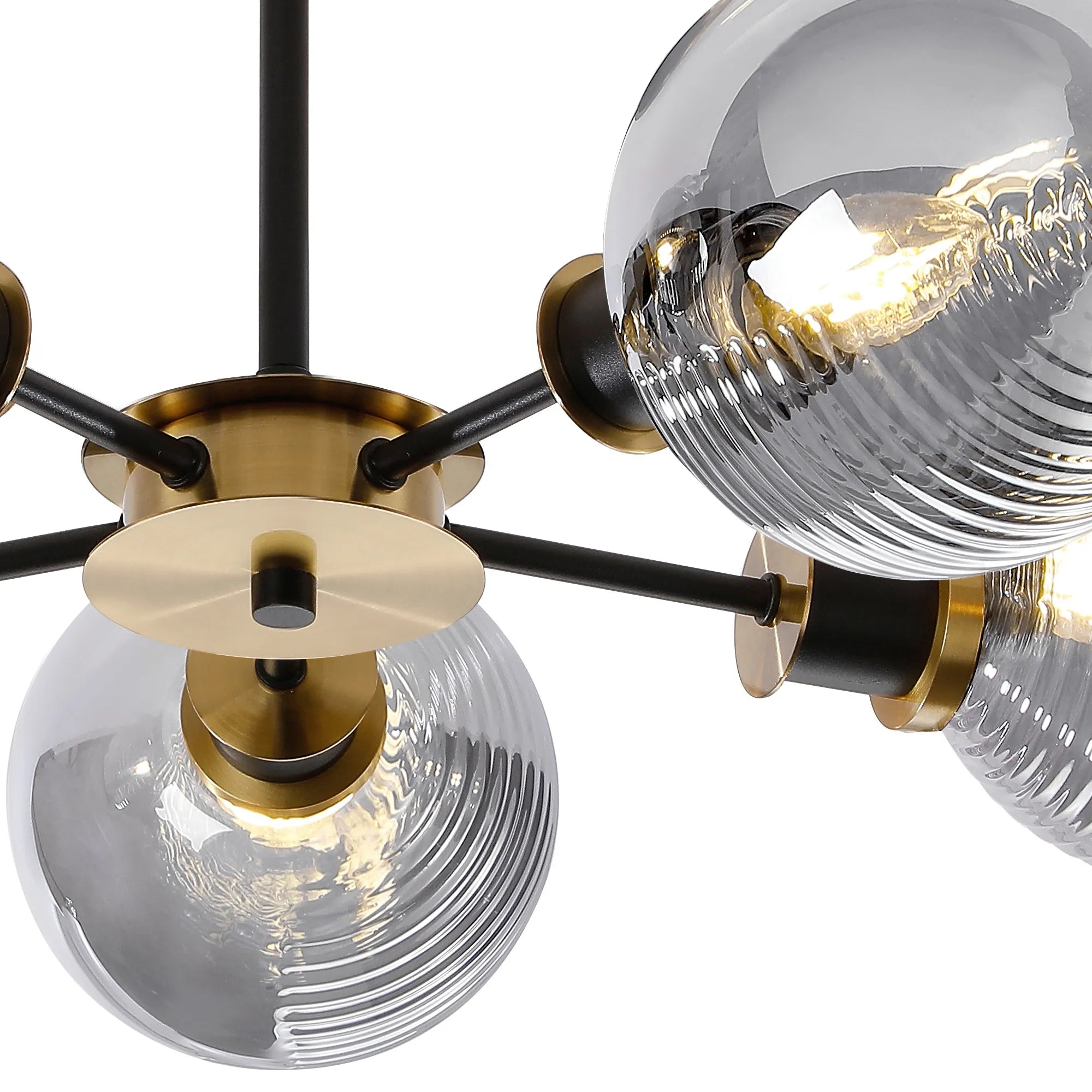 Sycamore Semi Ceiliing 5 Light with 15cm Round Double Textured Smooth & Ribbed Glass Shade - Brass, Smoke Plated & Satin Black