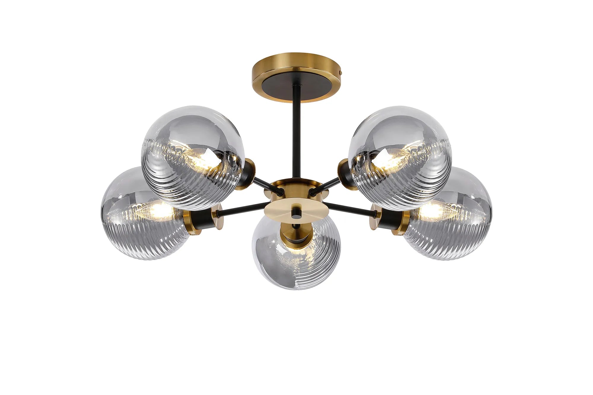 Sycamore Semi Ceiliing 5 Light with 15cm Round Double Textured Smooth & Ribbed Glass Shade - Brass, Smoke Plated & Satin Black