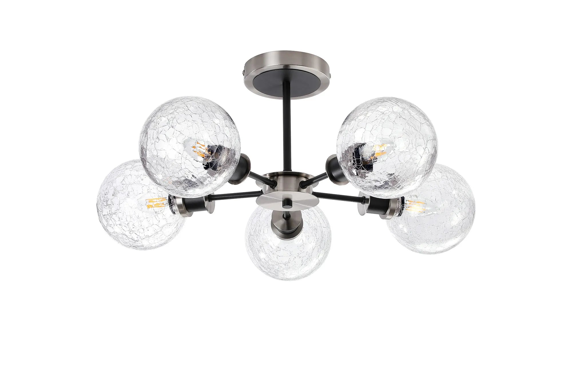 Sycamore Semi Ceiliing 5 Light with 15cm Round Crackled Glass Shade - Satin Nickel, Clear & Satin Black