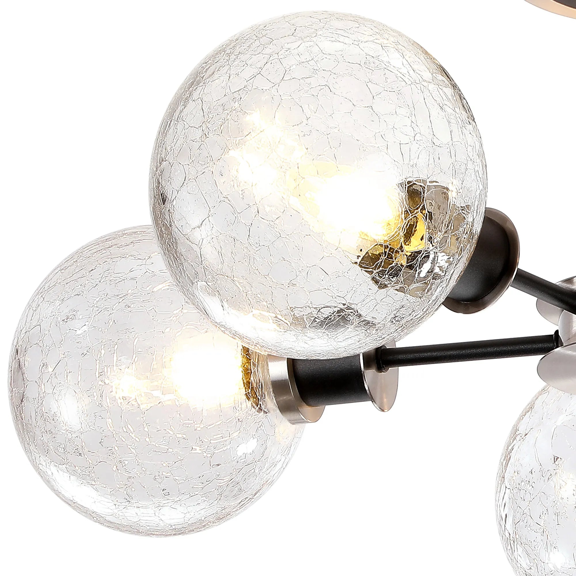 Sycamore Semi Ceiliing 5 Light with 15cm Round Crackled Glass Shade - Satin Nickel, Clear & Satin Black