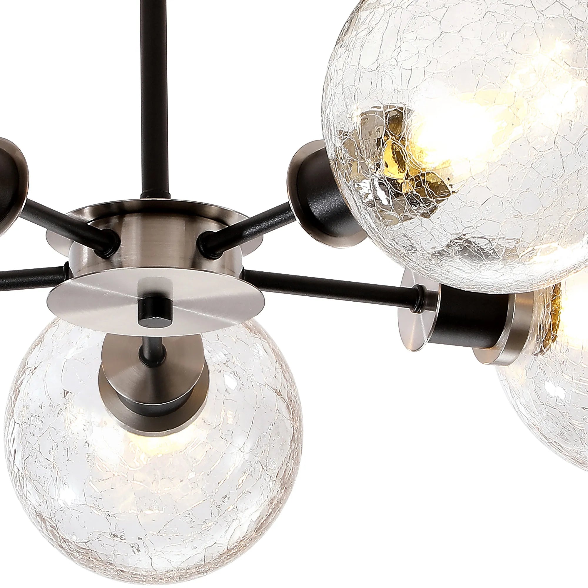 Sycamore Semi Ceiliing 5 Light with 15cm Round Crackled Glass Shade - Satin Nickel, Clear & Satin Black