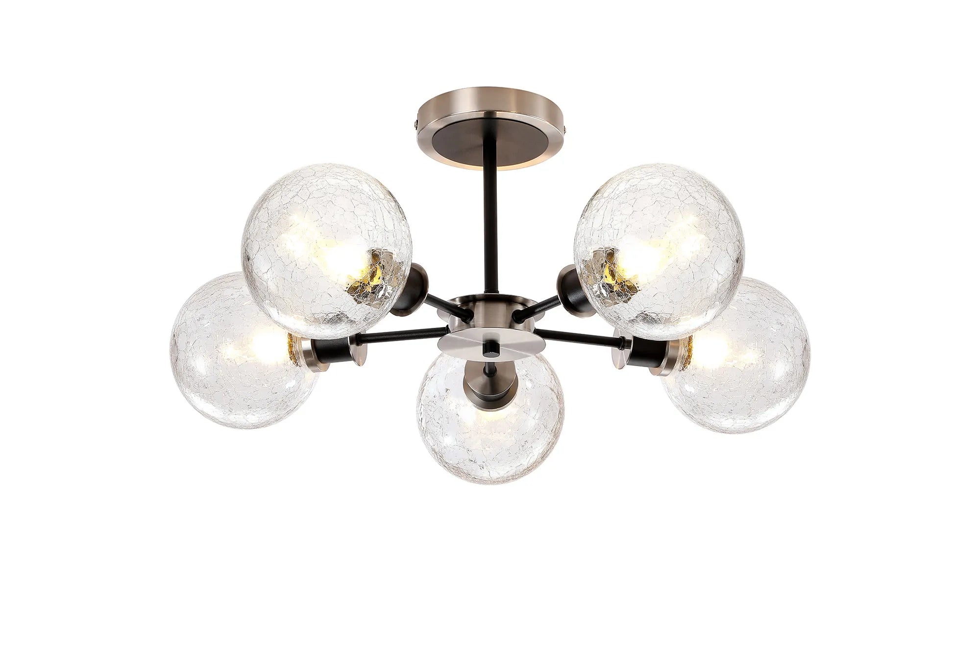 Sycamore Semi Ceiliing 5 Light with 15cm Round Crackled Glass Shade - Satin Nickel, Clear & Satin Black