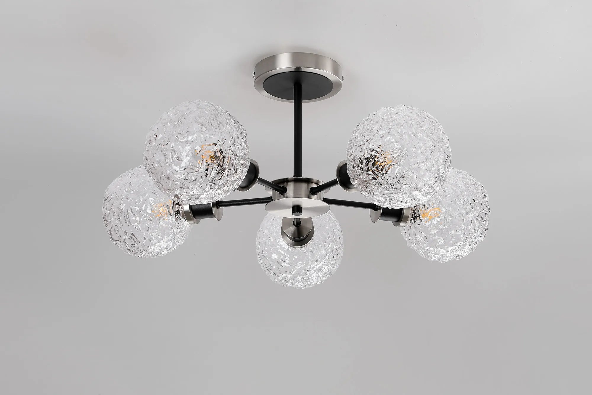 Sycamore Semi Ceiliing 5 Light with 15cm Round Textured Crumple Glass Shade - Satin Nickel, Clear & Satin Black