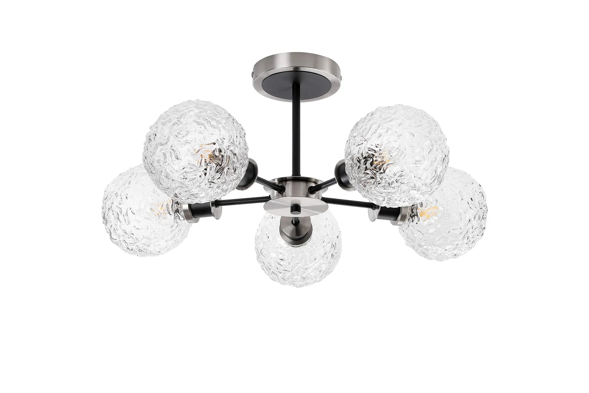 Sycamore Semi Ceiliing 5 Light with 15cm Round Textured Crumple Glass Shade - Satin Nickel, Clear & Satin Black