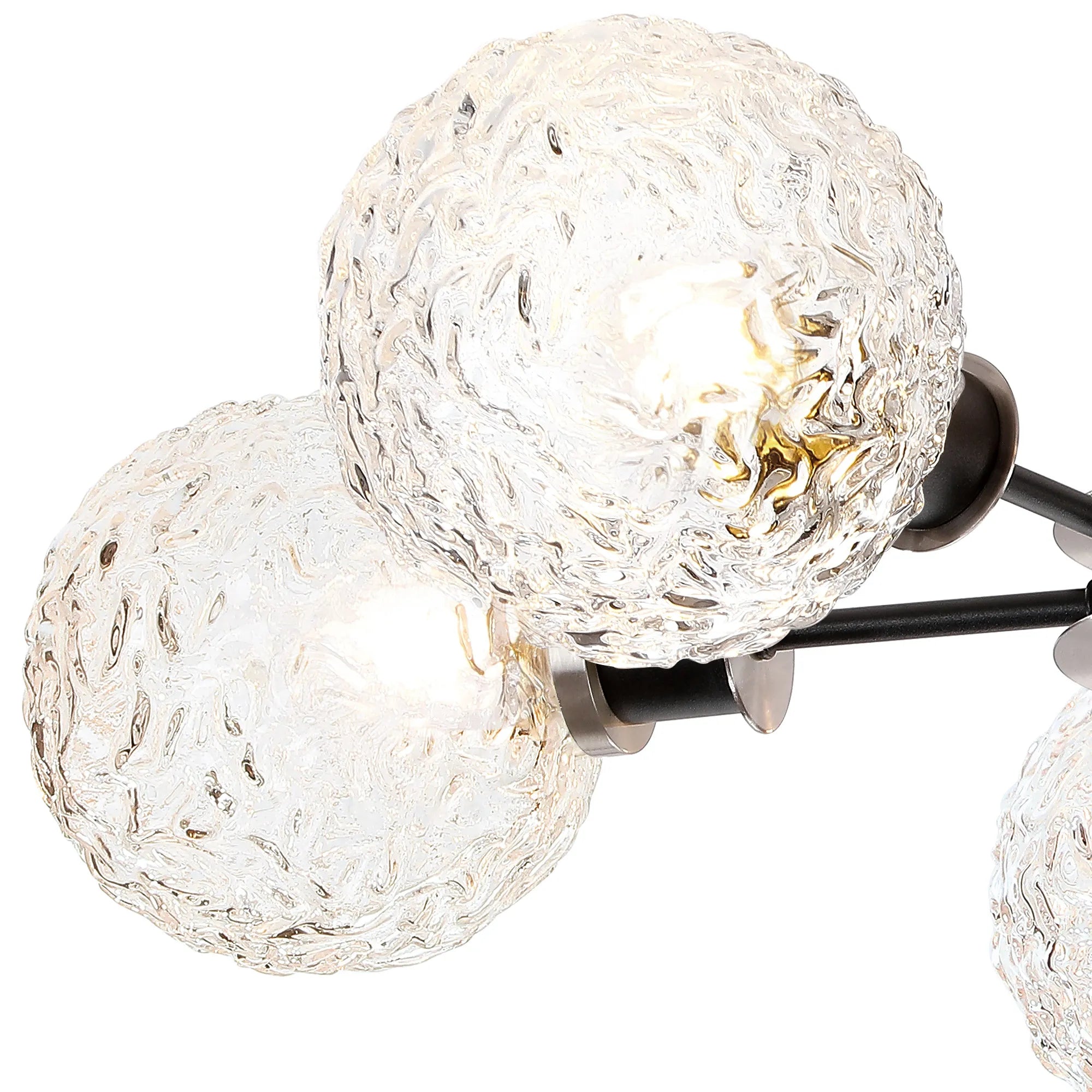 Sycamore Semi Ceiliing 5 Light with 15cm Round Textured Crumple Glass Shade - Satin Nickel, Clear & Satin Black