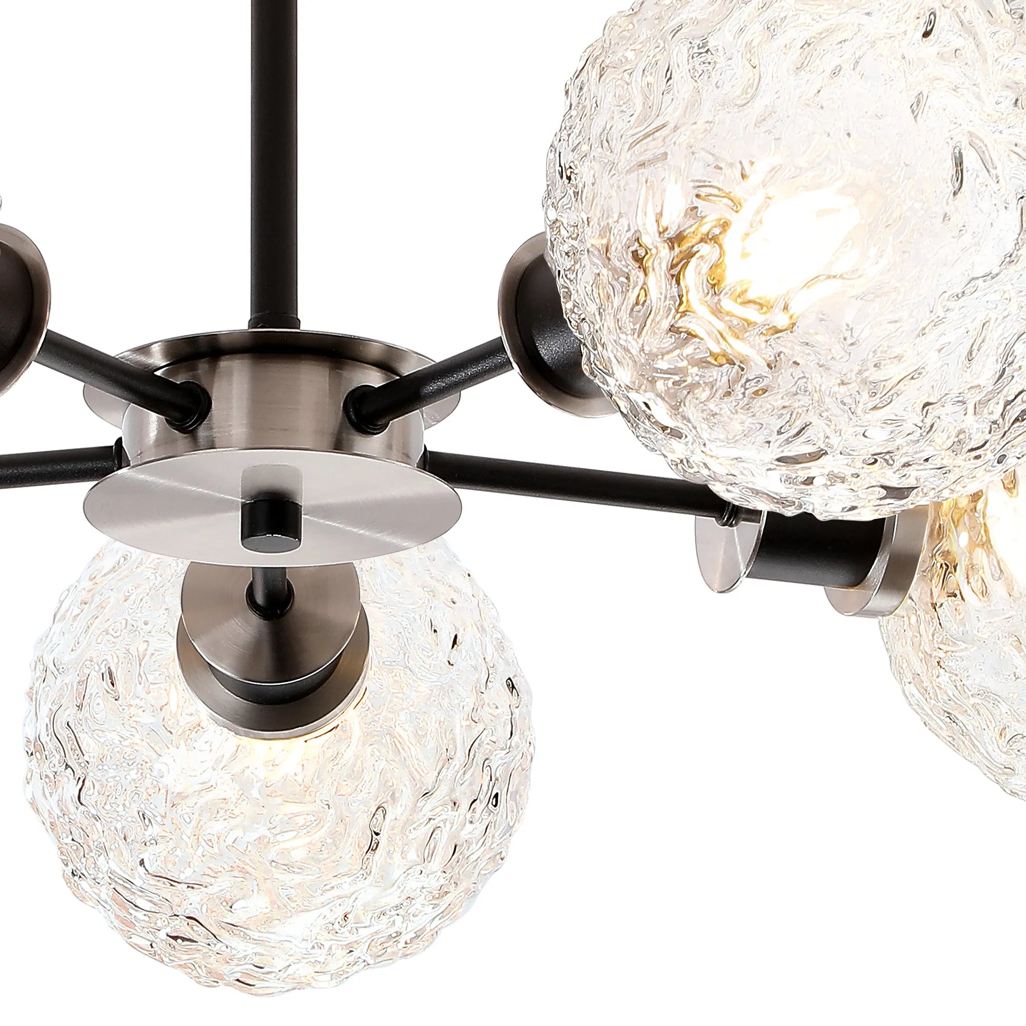 Sycamore Semi Ceiliing 5 Light with 15cm Round Textured Crumple Glass Shade - Satin Nickel, Clear & Satin Black