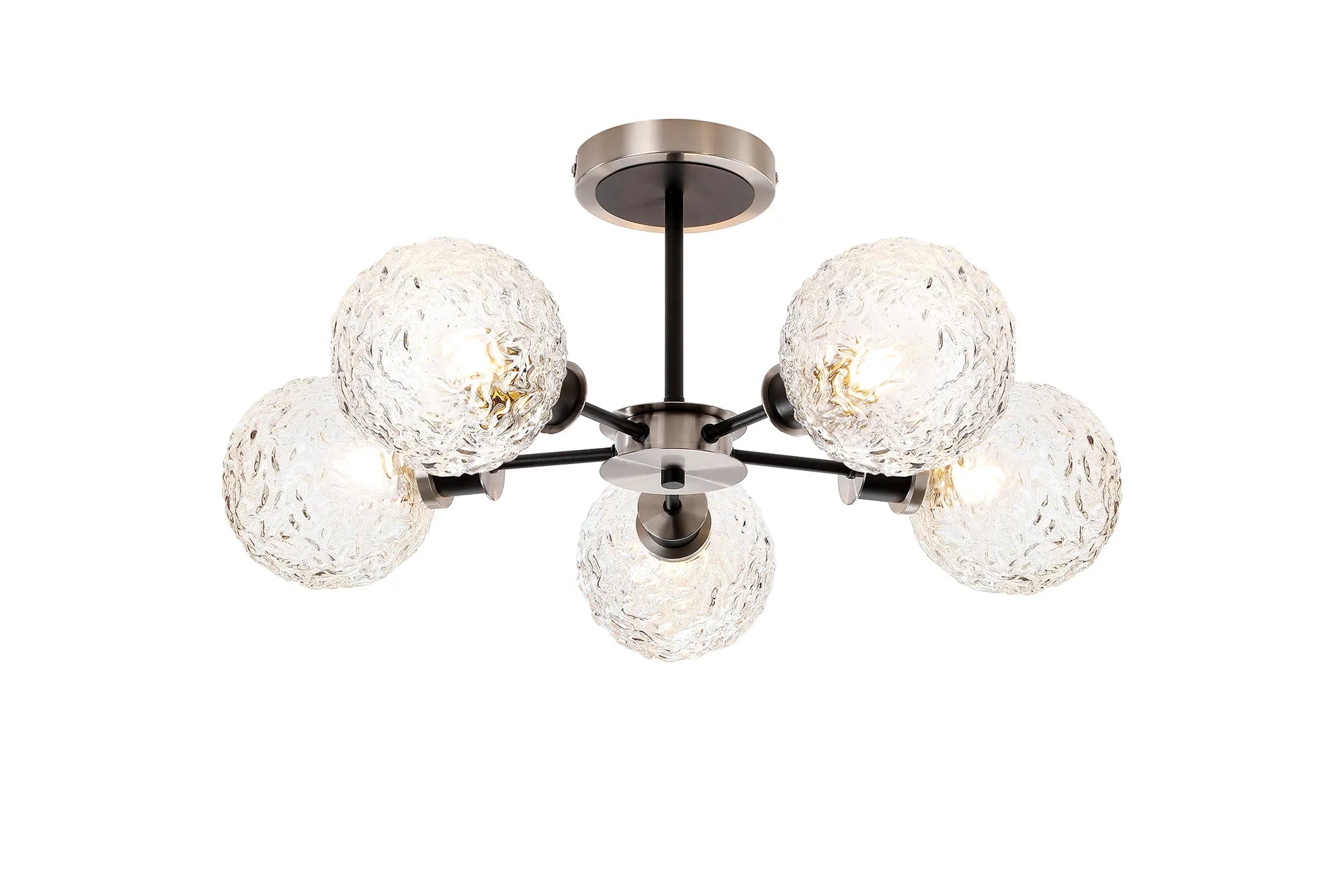 Sycamore Semi Ceiliing 5 Light with 15cm Round Textured Crumple Glass Shade - Satin Nickel, Clear & Satin Black