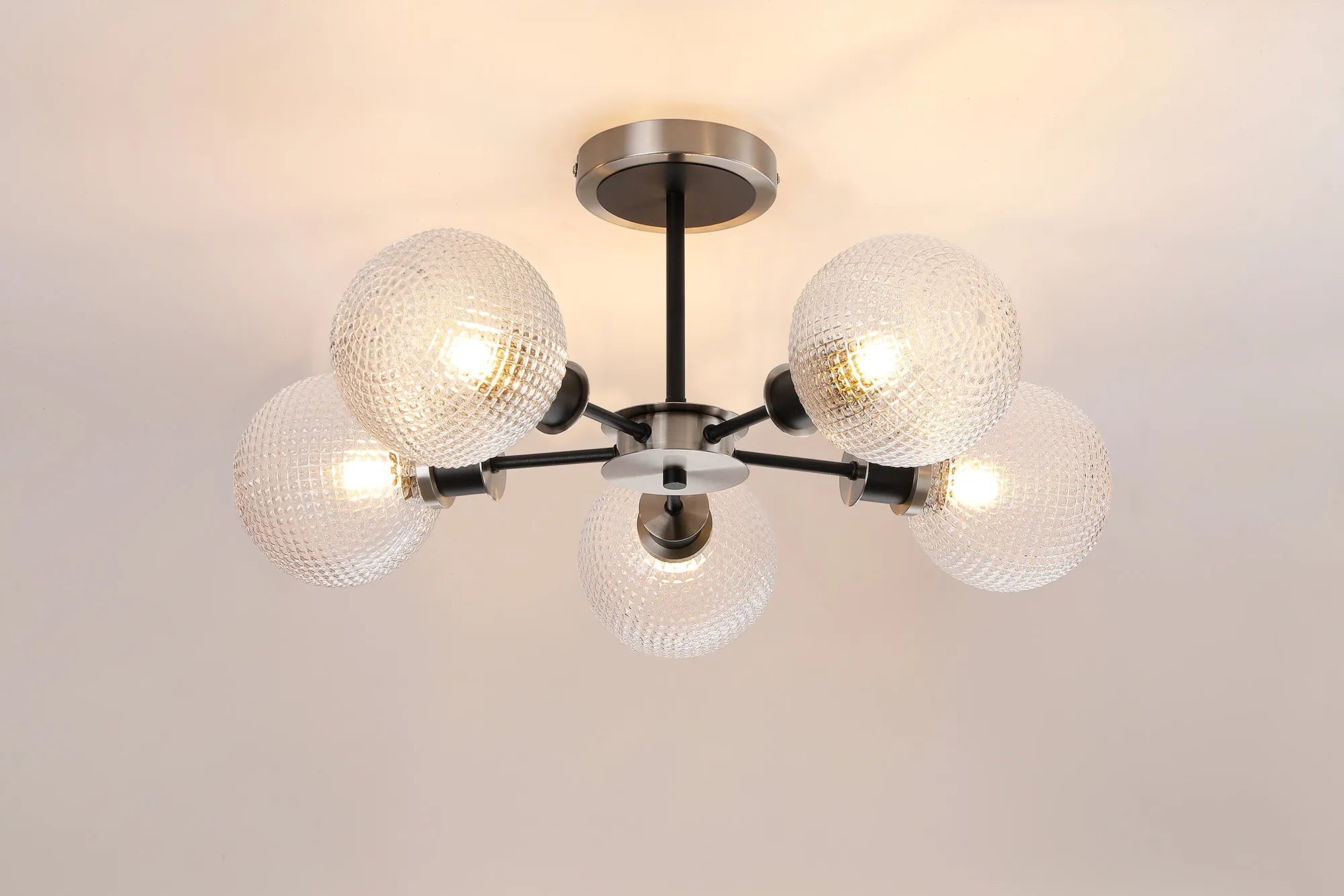 Sycamore Semi Ceiliing 5 Light with 15cm Round Textured Diamond Pattern Glass Shade - Satin Nickel, Clear & Satin Black