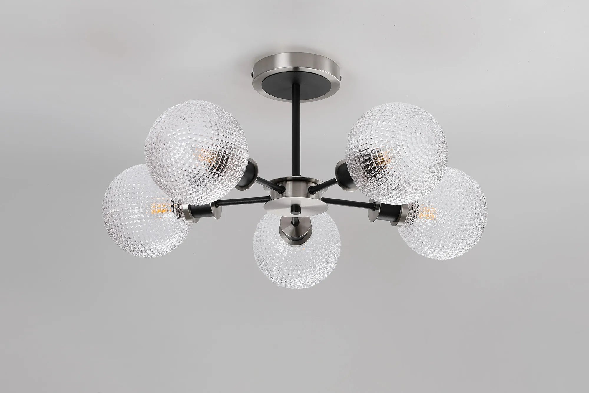 Sycamore Semi Ceiliing 5 Light with 15cm Round Textured Diamond Pattern Glass Shade - Satin Nickel, Clear & Satin Black