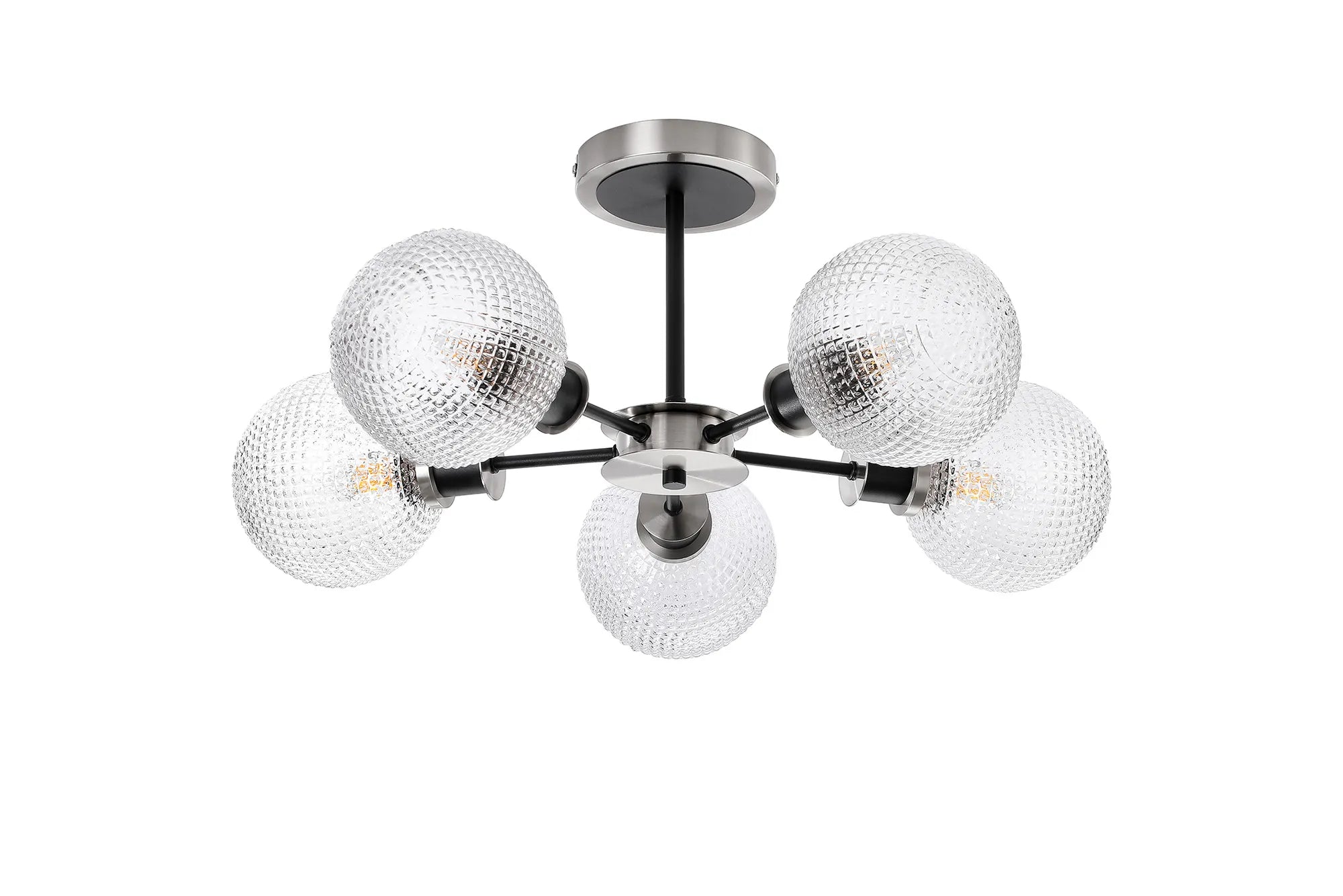Sycamore Semi Ceiliing 5 Light with 15cm Round Textured Diamond Pattern Glass Shade - Satin Nickel, Clear & Satin Black
