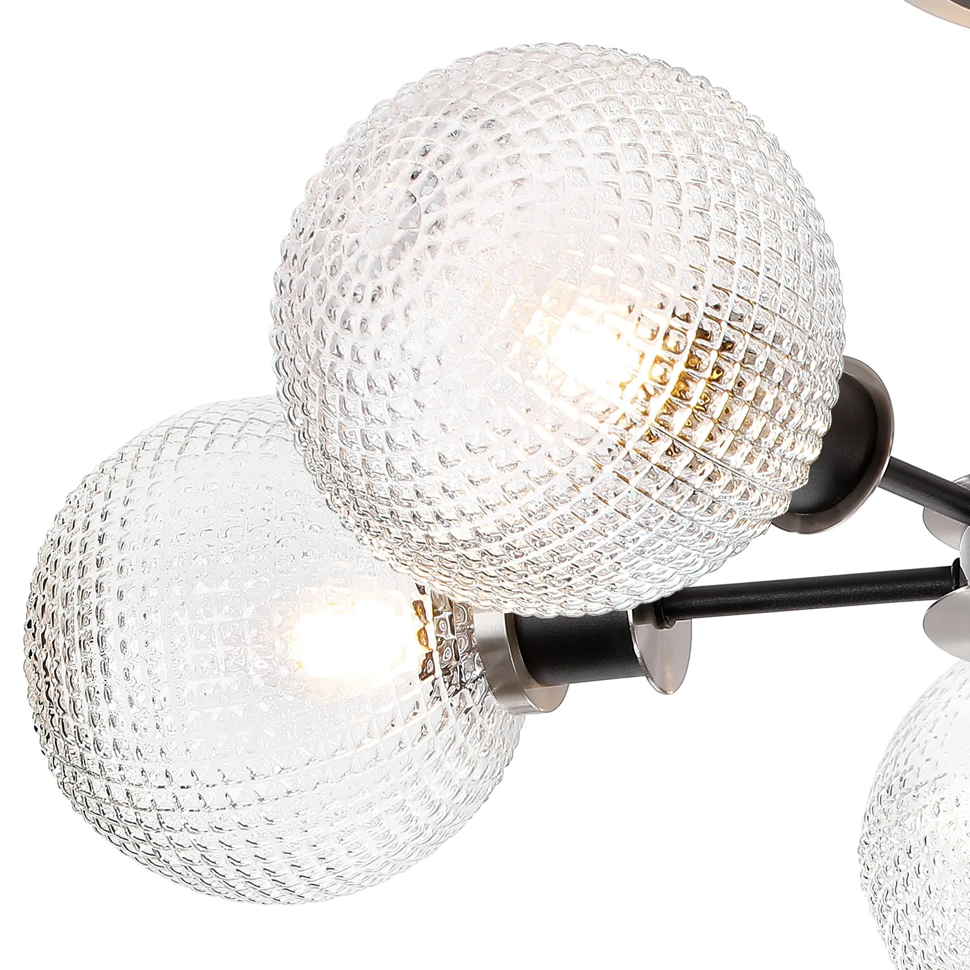 Sycamore Semi Ceiliing 5 Light with 15cm Round Textured Diamond Pattern Glass Shade - Satin Nickel, Clear & Satin Black