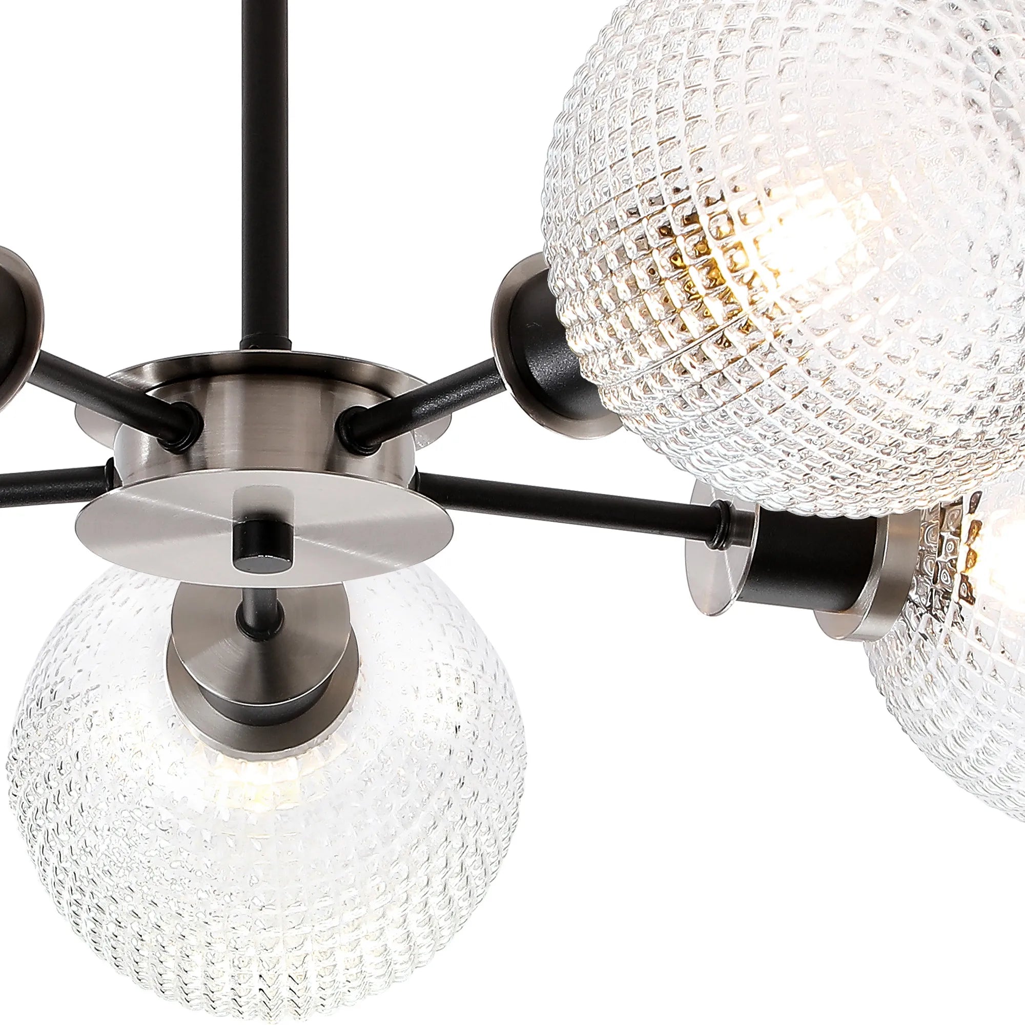 Sycamore Semi Ceiliing 5 Light with 15cm Round Textured Diamond Pattern Glass Shade - Satin Nickel, Clear & Satin Black