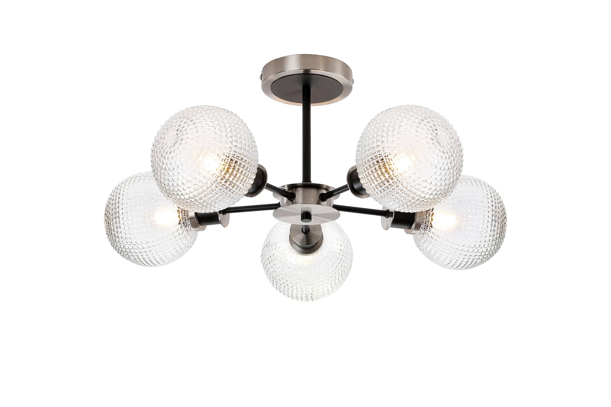 Sycamore Semi Ceiliing 5 Light with 15cm Round Textured Diamond Pattern Glass Shade - Satin Nickel, Clear & Satin Black