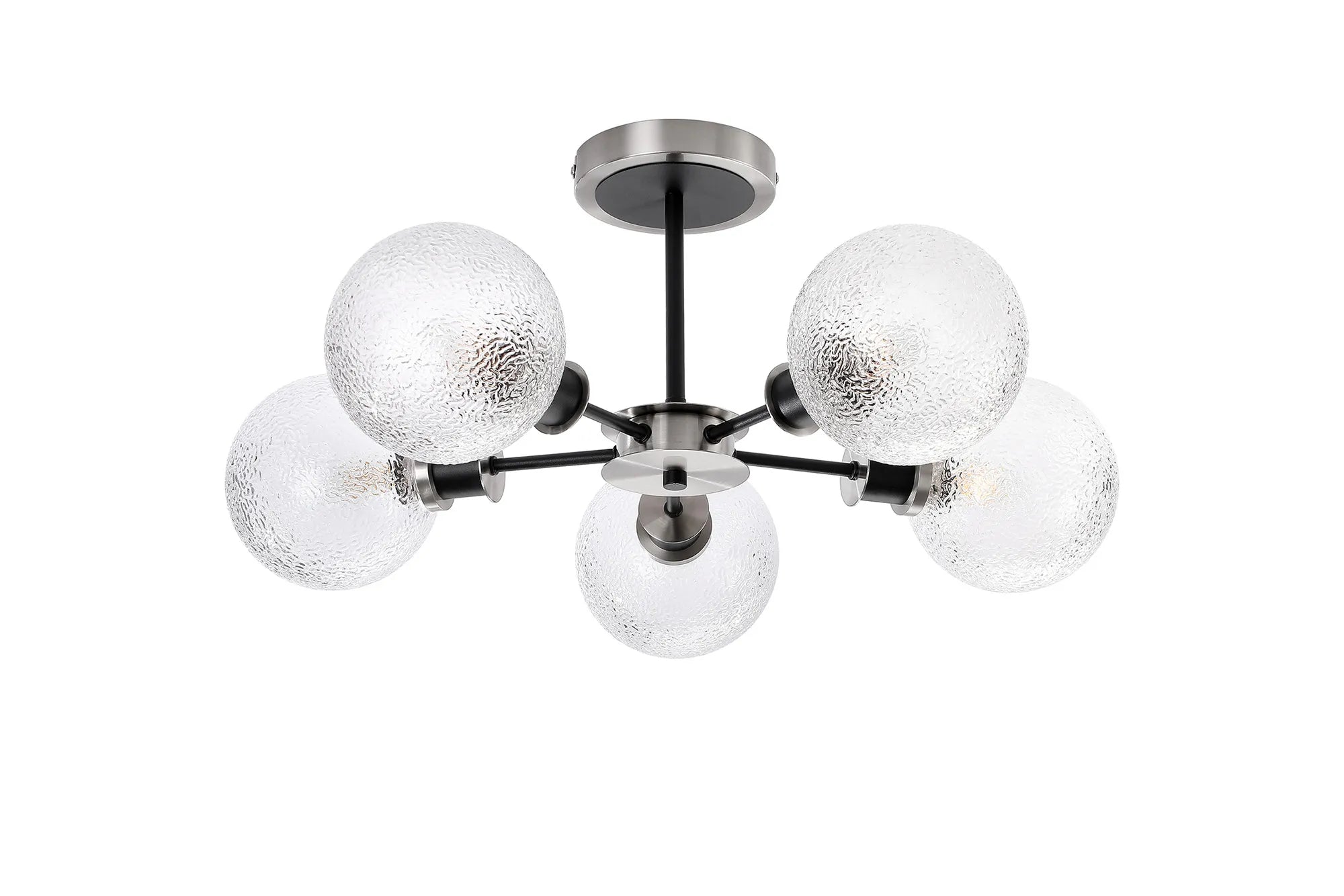 Sycamore Semi Ceiliing 5 Light with 15cm Round Dimpled Glass Shade - Satin Nickel, Clear & Satin Black