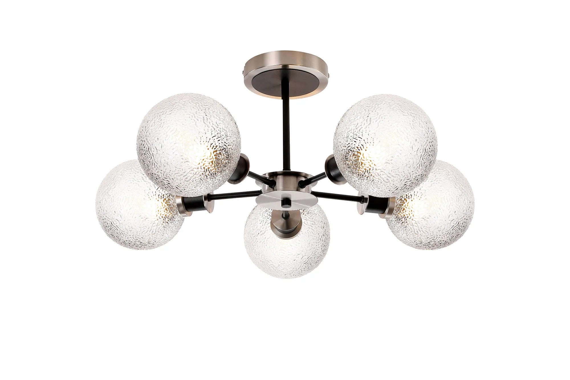 Sycamore Semi Ceiliing 5 Light with 15cm Round Dimpled Glass Shade - Satin Nickel, Clear & Satin Black