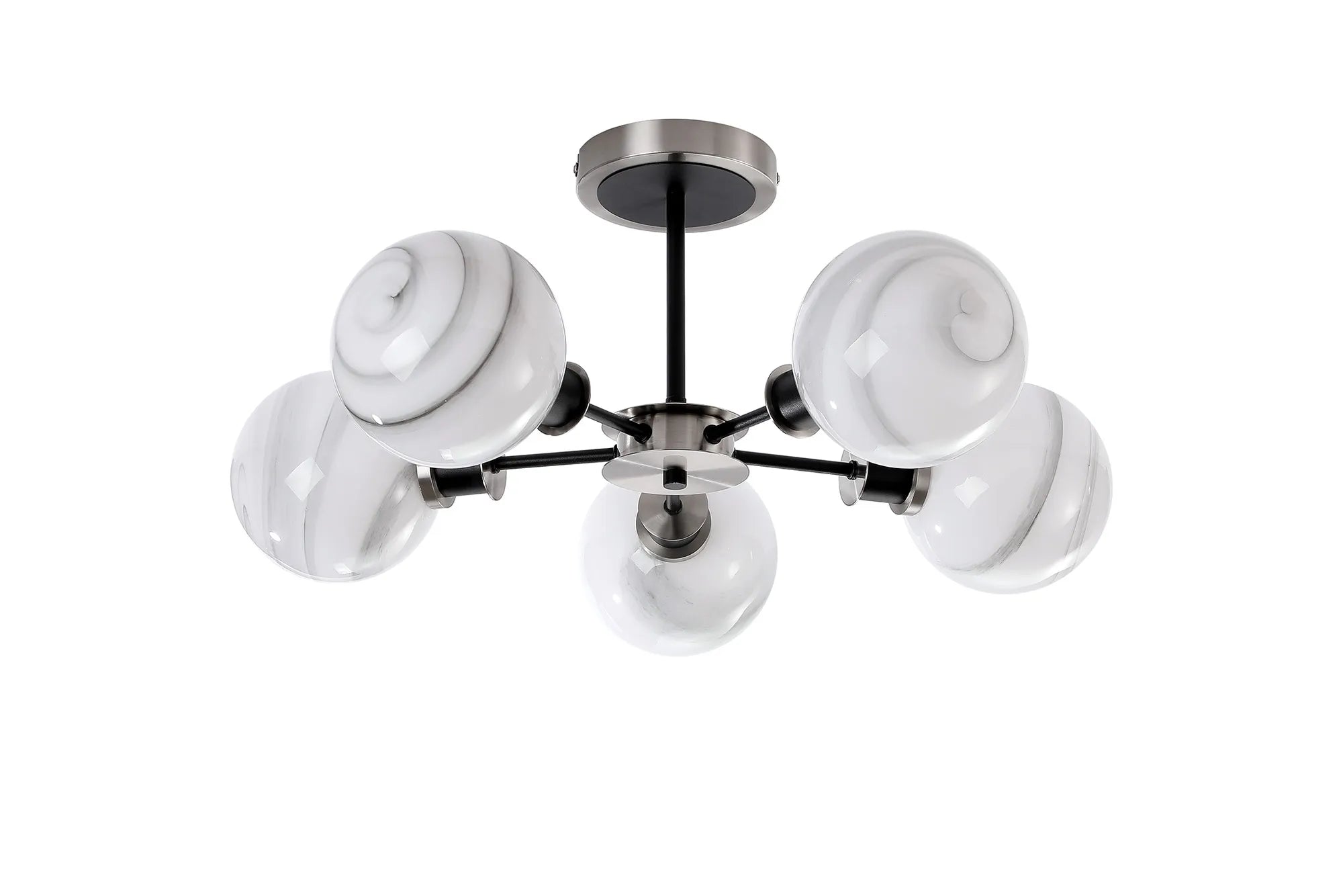 Sycamore Semi Ceiliing 5 Light with 15cm Round Marble Effect Glass Shade - Satin Nickel, White & Satin Black