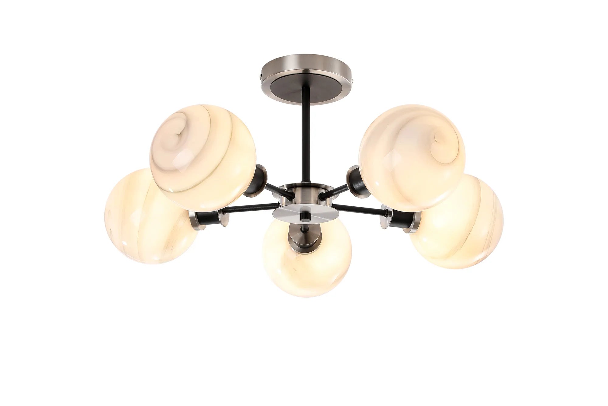 Sycamore Semi Ceiliing 5 Light with 15cm Round Marble Effect Glass Shade - Satin Nickel, White & Satin Black