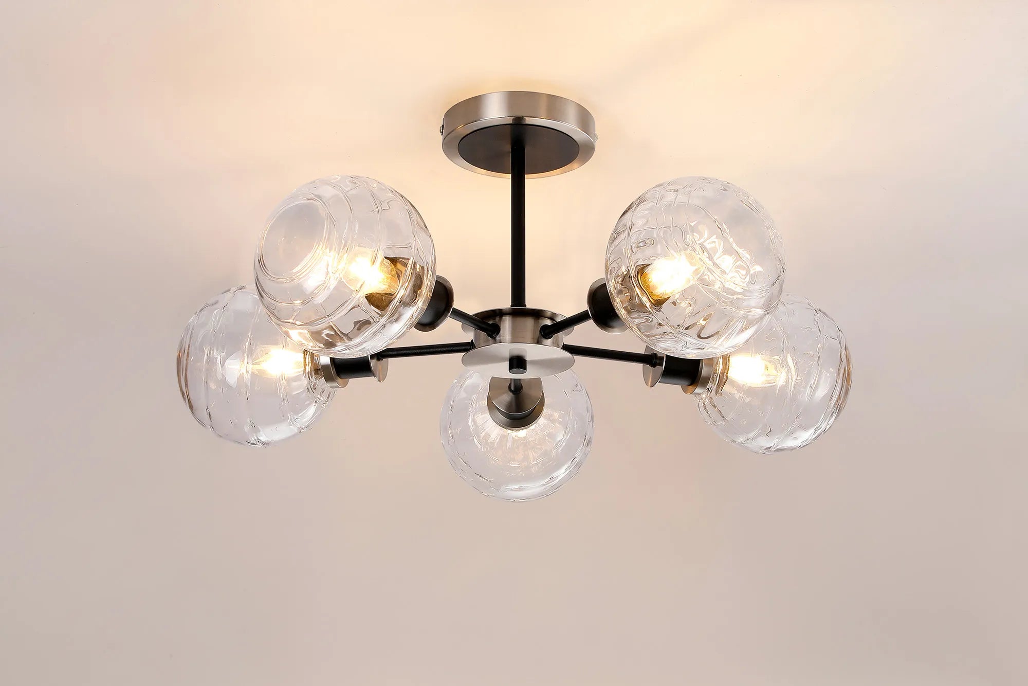 Sycamore Semi Ceiliing 5 Light with 15cm Round Textured Melting Glass Shade - Satin Nickel, Clear & Satin Black