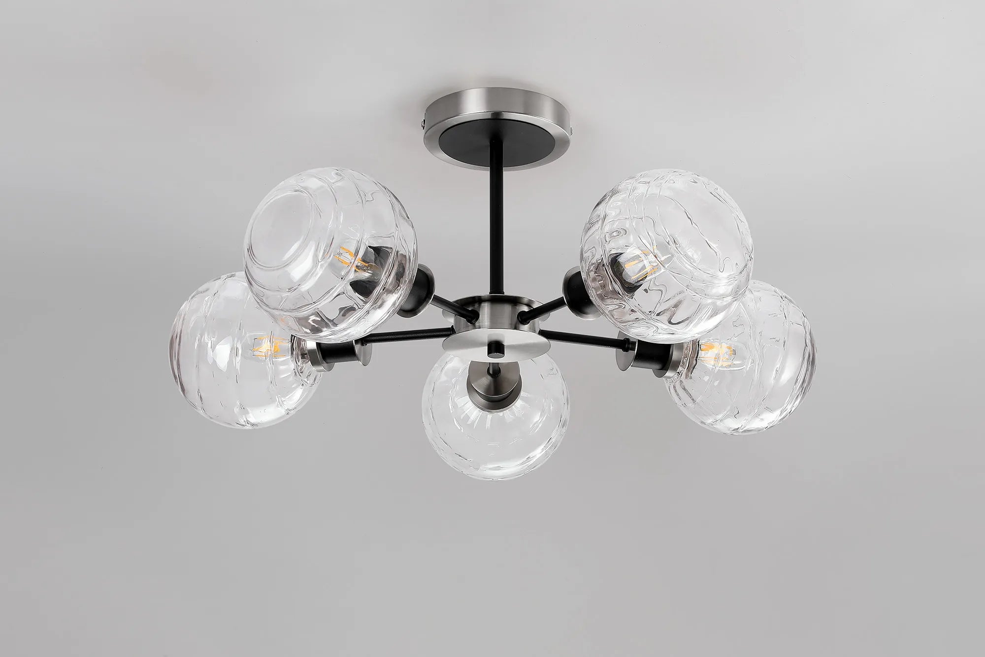 Sycamore Semi Ceiliing 5 Light with 15cm Round Textured Melting Glass Shade - Satin Nickel, Clear & Satin Black