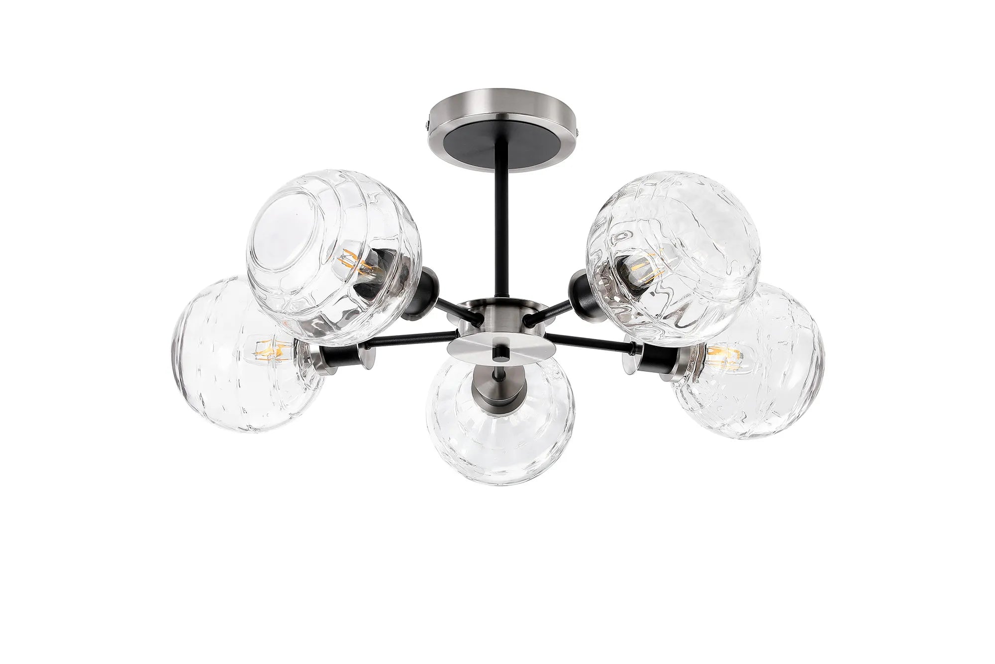 Sycamore Semi Ceiliing 5 Light with 15cm Round Textured Melting Glass Shade - Satin Nickel, Clear & Satin Black