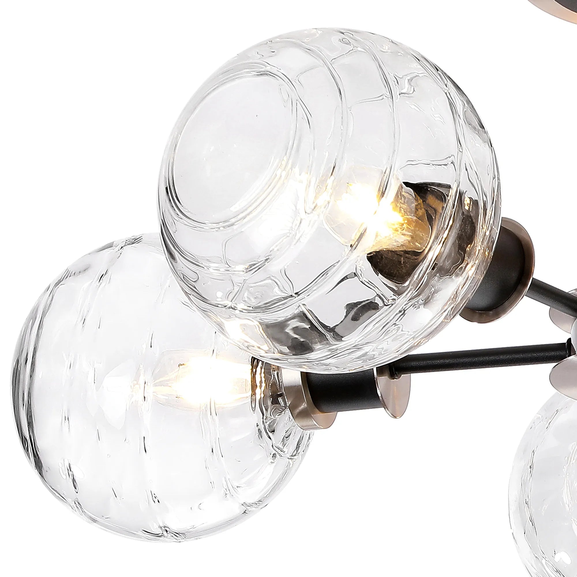 Sycamore Semi Ceiliing 5 Light with 15cm Round Textured Melting Glass Shade - Satin Nickel, Clear & Satin Black