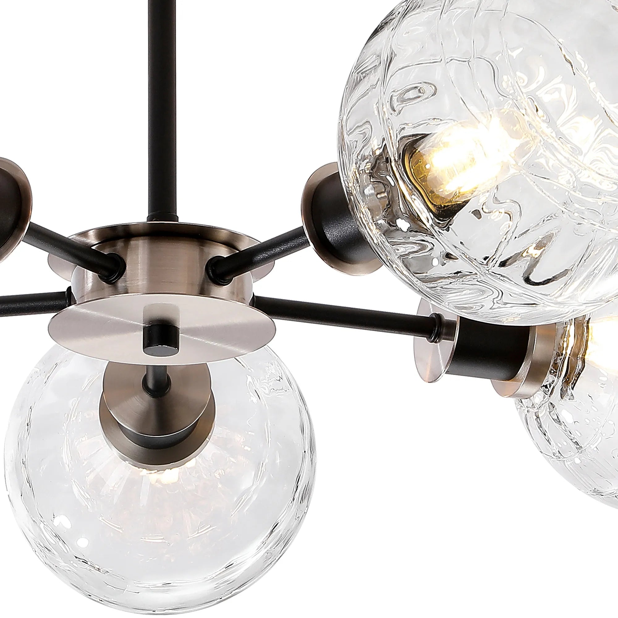 Sycamore Semi Ceiliing 5 Light with 15cm Round Textured Melting Glass Shade - Satin Nickel, Clear & Satin Black