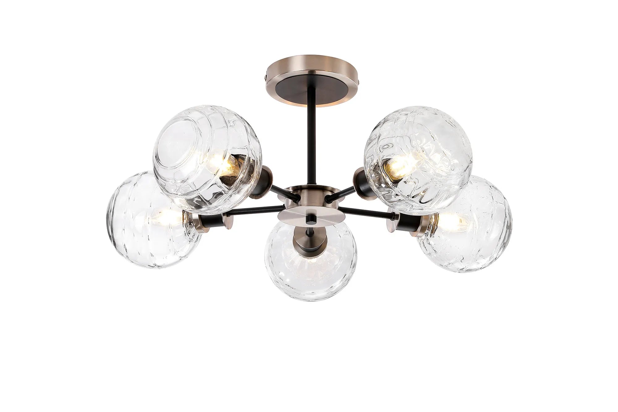 Sycamore Semi Ceiliing 5 Light with 15cm Round Textured Melting Glass Shade - Satin Nickel, Clear & Satin Black