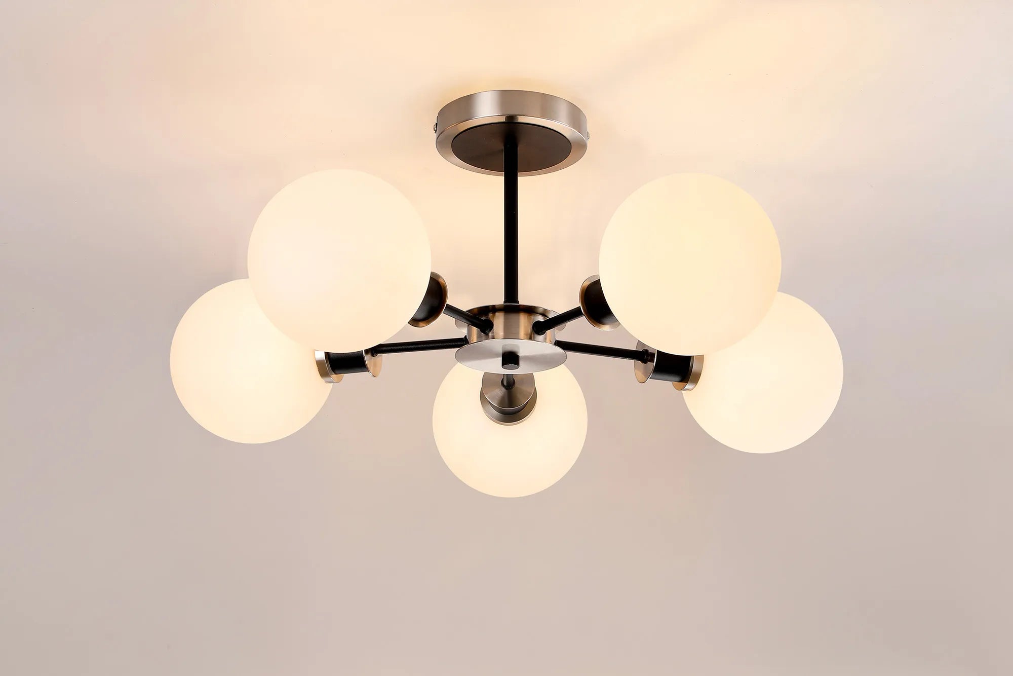 Sycamore Semi Ceiliing 5 Light with 15cm Round Glass Shade - Satin Nickel, Opal & Satin Black