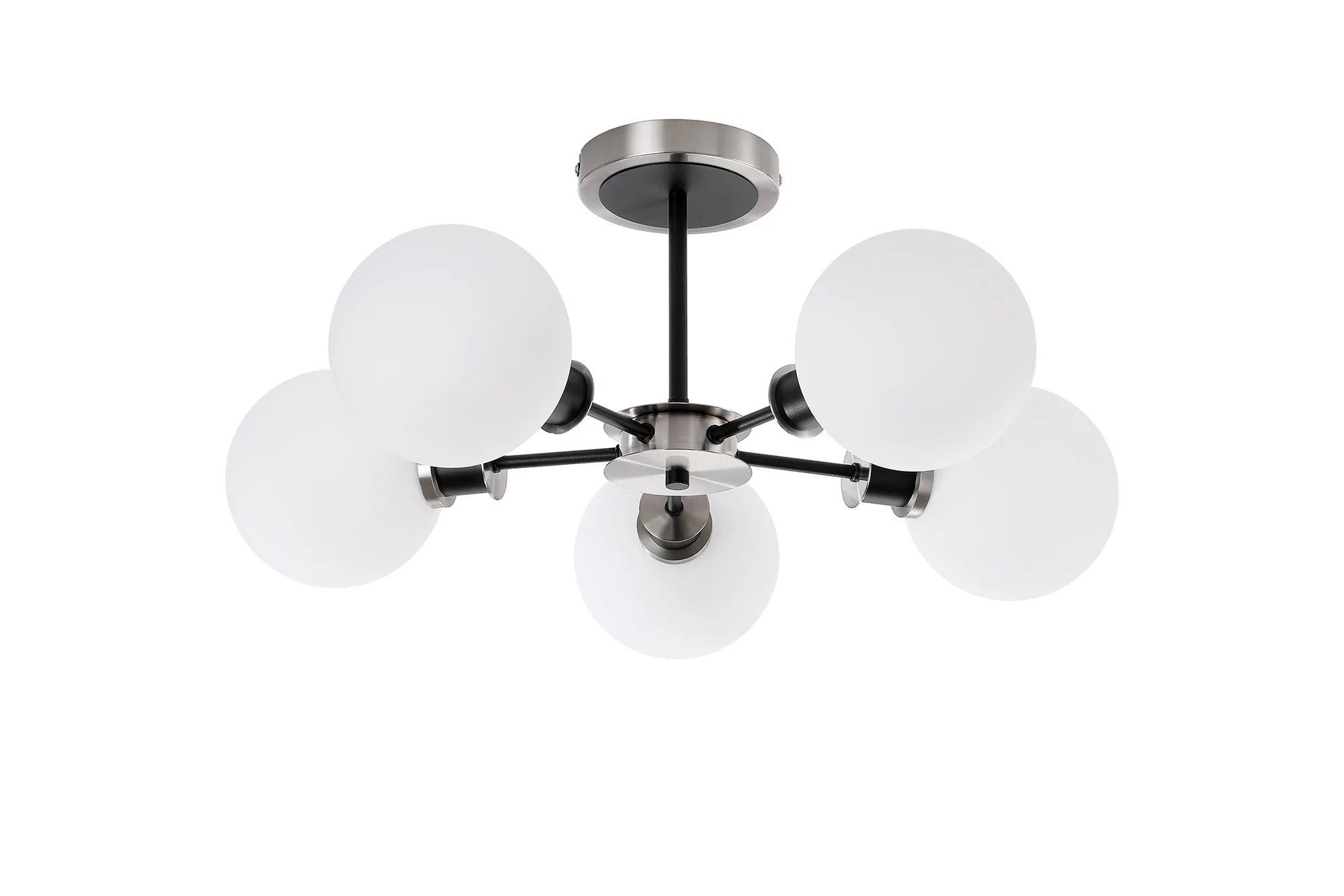 Sycamore Semi Ceiliing 5 Light with 15cm Round Glass Shade - Satin Nickel, Opal & Satin Black