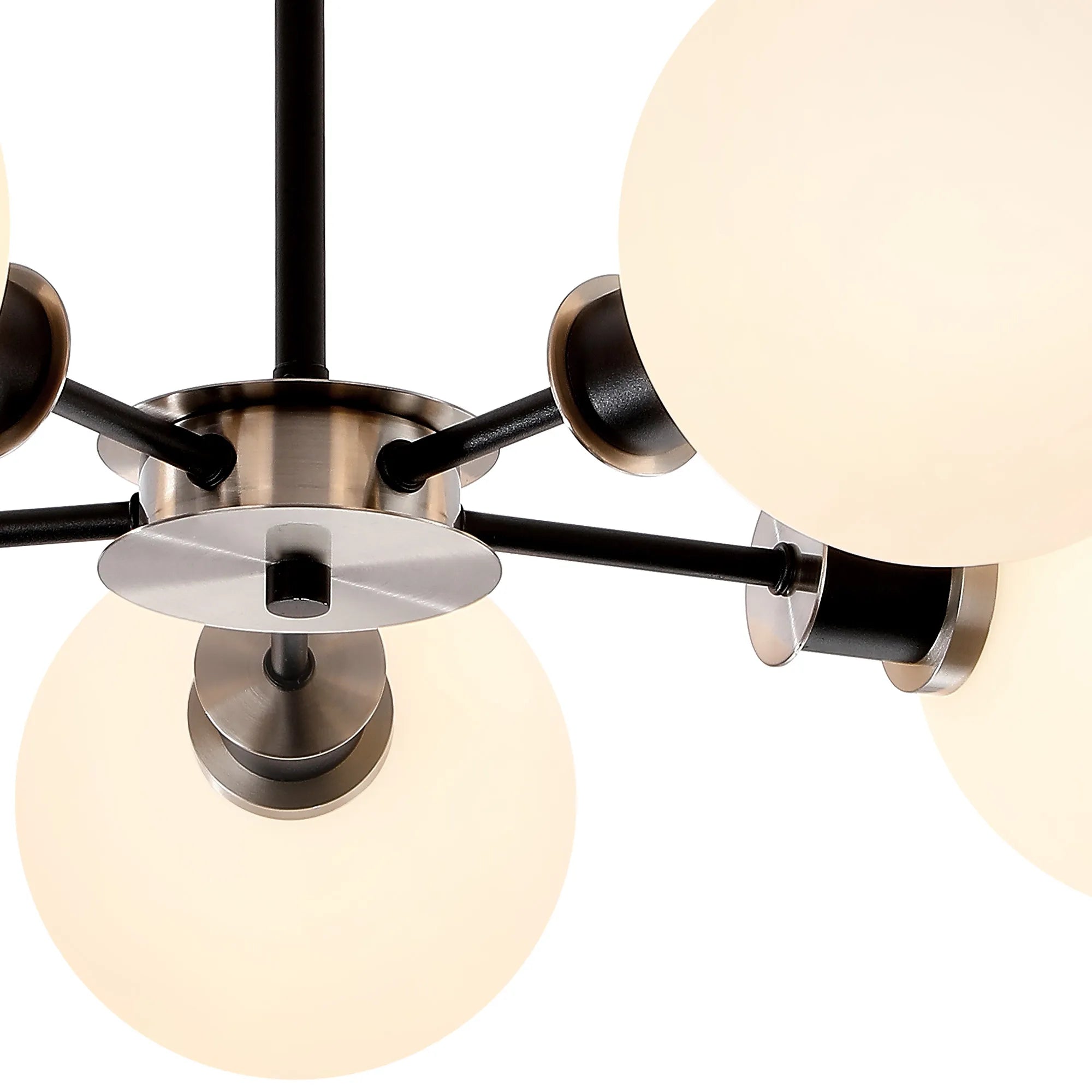 Sycamore Semi Ceiliing 5 Light with 15cm Round Glass Shade - Satin Nickel, Opal & Satin Black