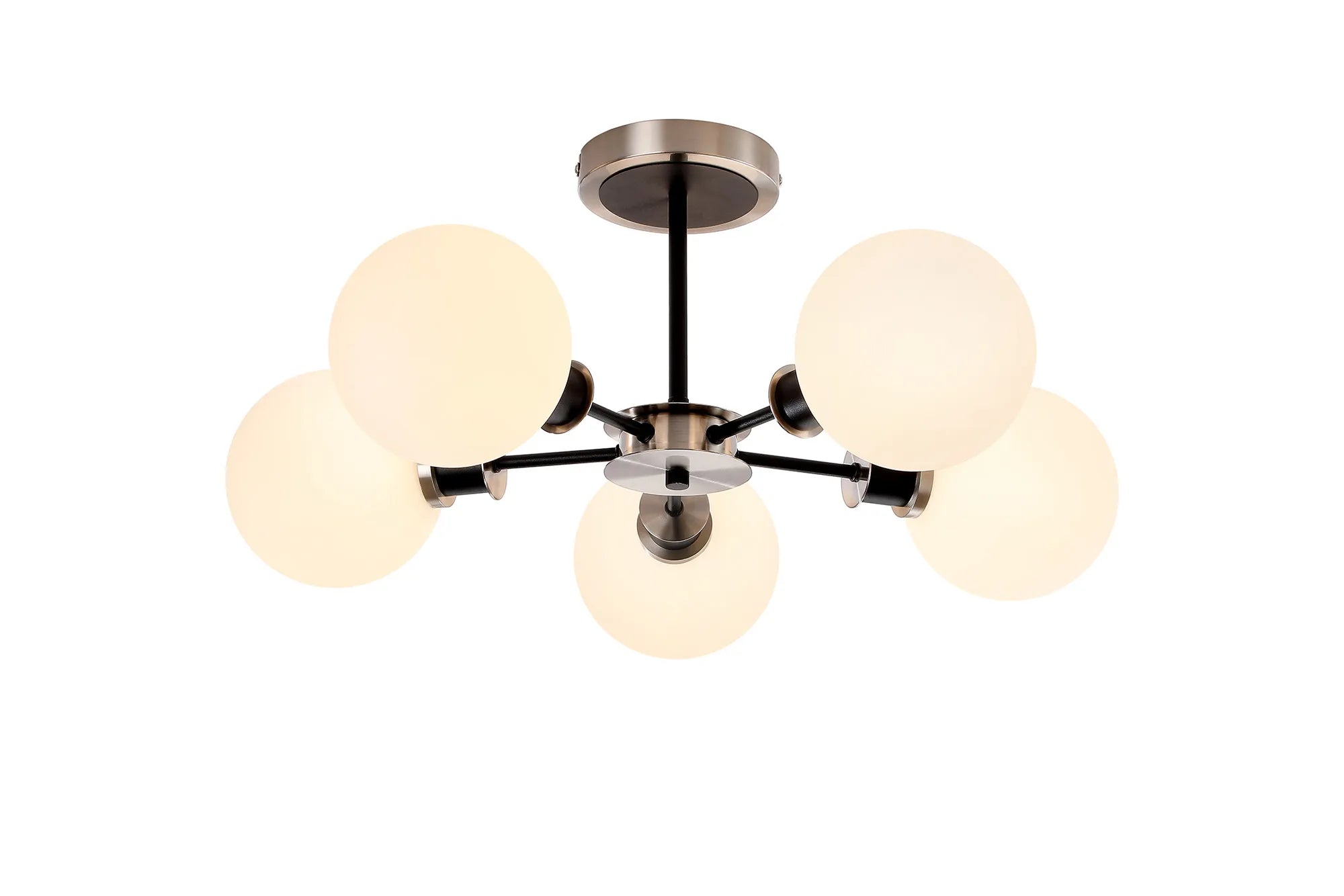 Sycamore Semi Ceiliing 5 Light with 15cm Round Glass Shade - Satin Nickel, Opal & Satin Black