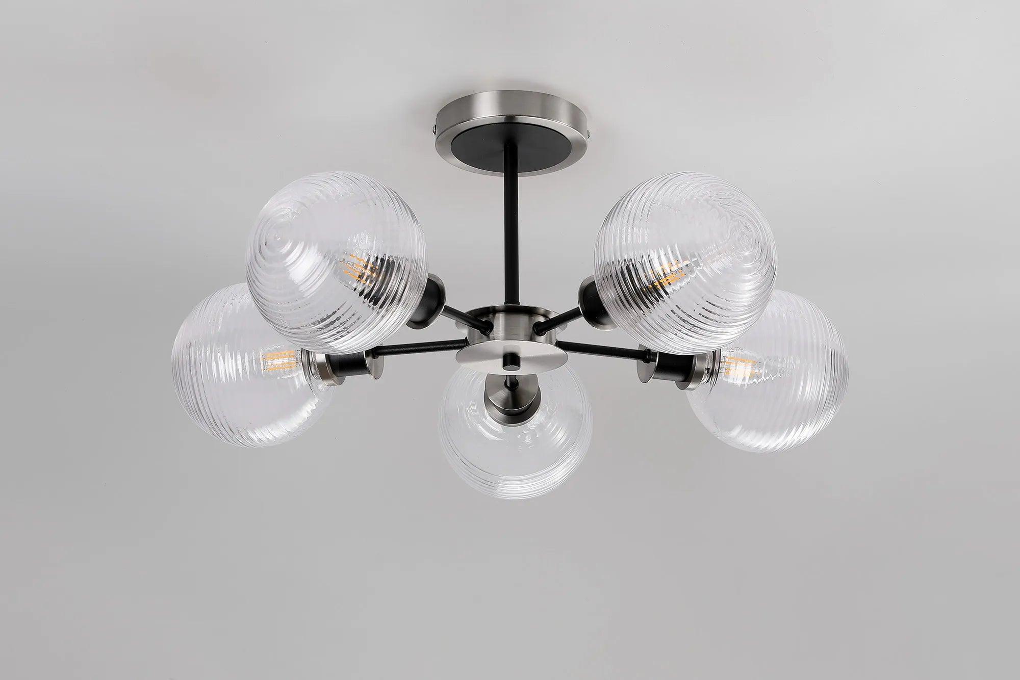 Sycamore Semi Ceiliing 5 Light with 15cm Round Ribbed Glass Shade - Satin Nickel, Clear & Satin Black
