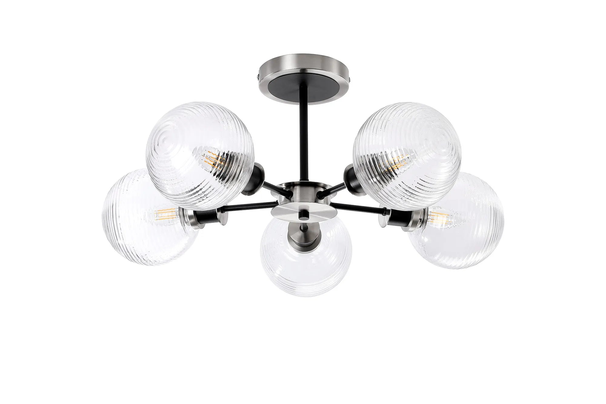 Sycamore Semi Ceiliing 5 Light with 15cm Round Ribbed Glass Shade - Satin Nickel, Clear & Satin Black