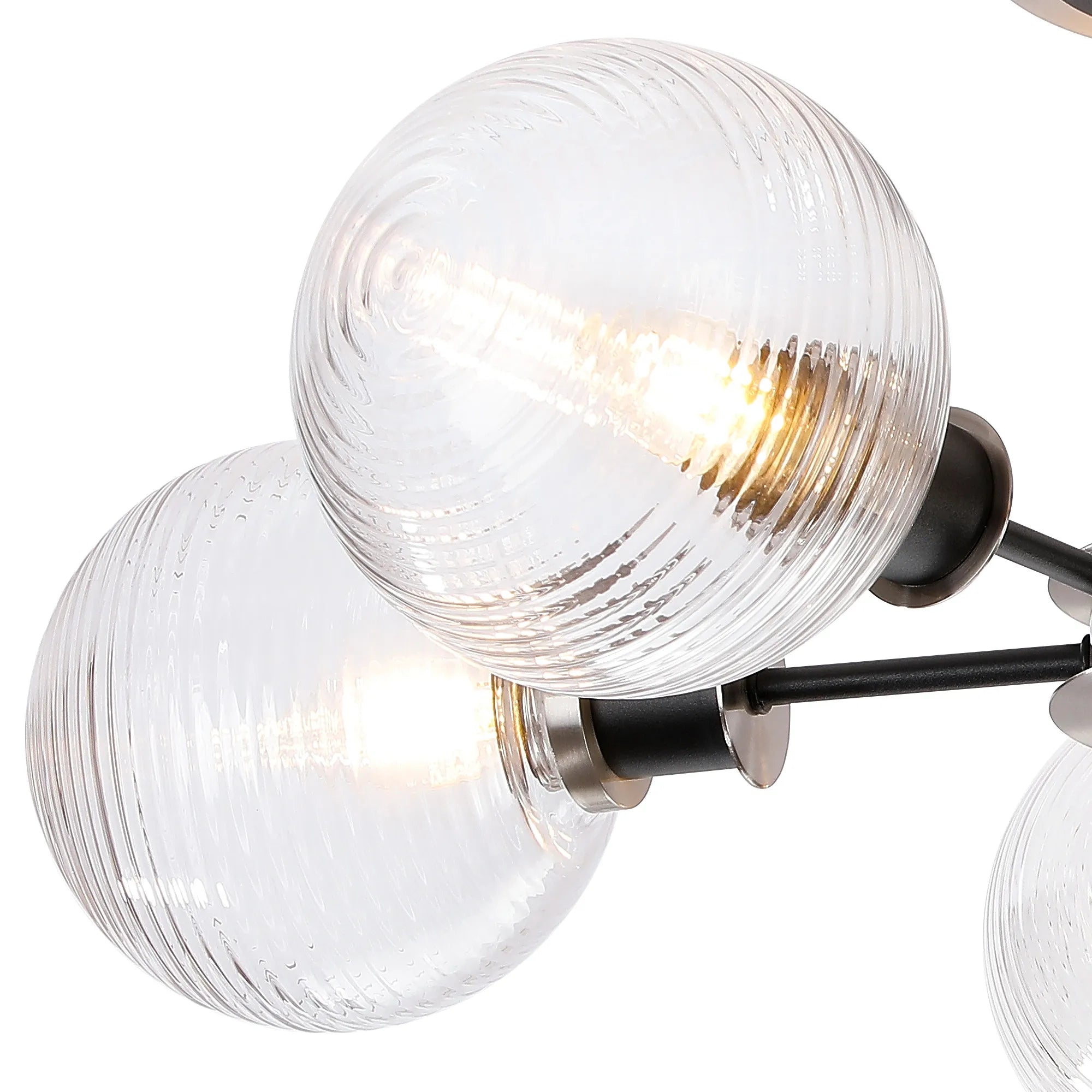 Sycamore Semi Ceiliing 5 Light with 15cm Round Ribbed Glass Shade - Satin Nickel, Clear & Satin Black