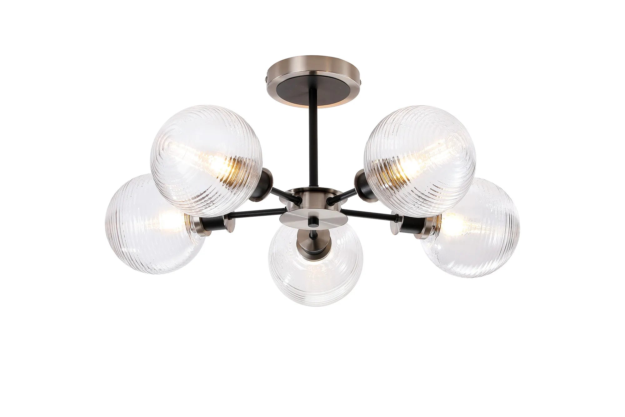 Sycamore Semi Ceiliing 5 Light with 15cm Round Ribbed Glass Shade - Satin Nickel, Clear & Satin Black