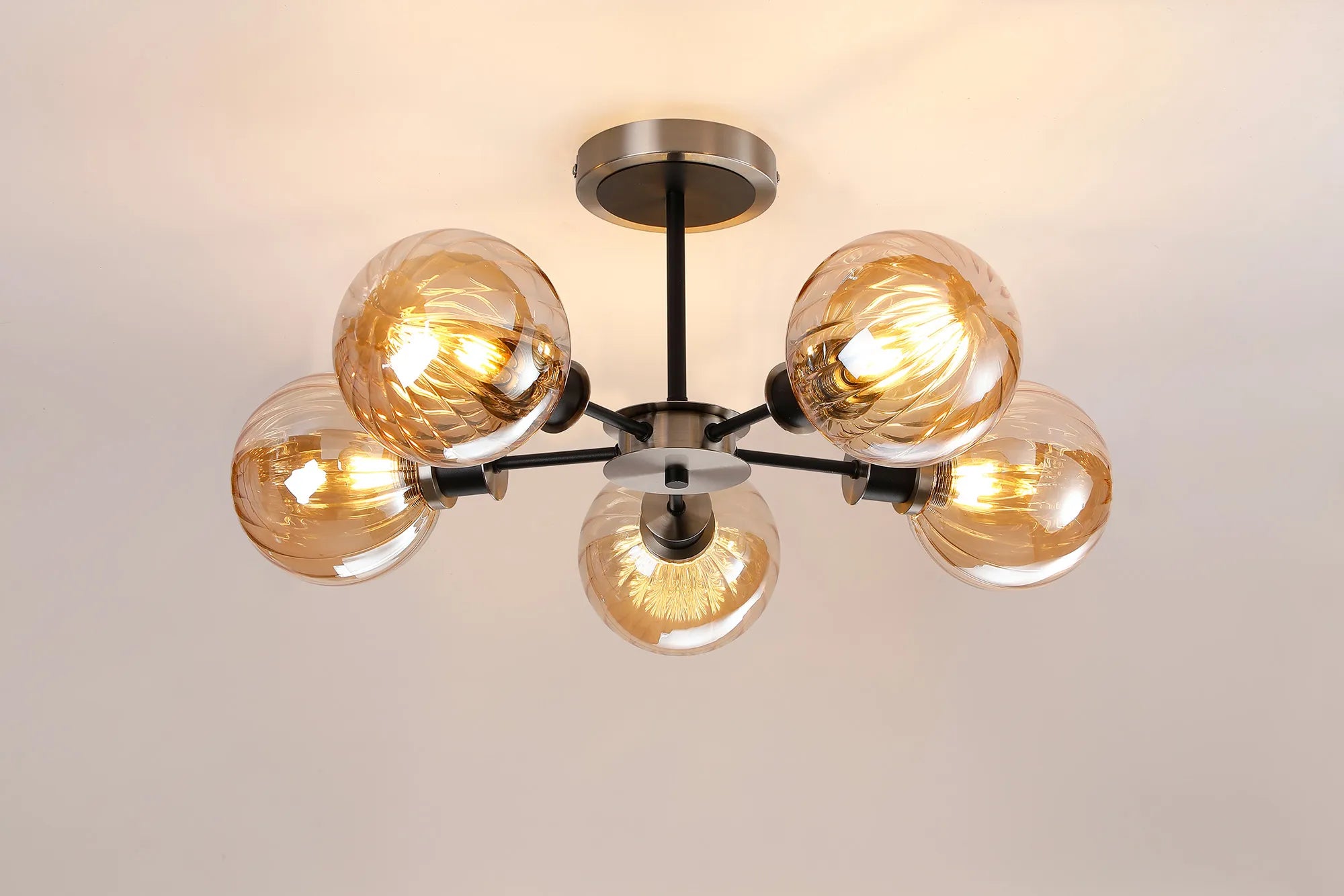 Sycamore Semi Ceiliing 5 Light with 15cm Round Segment Glass Shade - Satin Nickel, Amber Plated & Satin Black