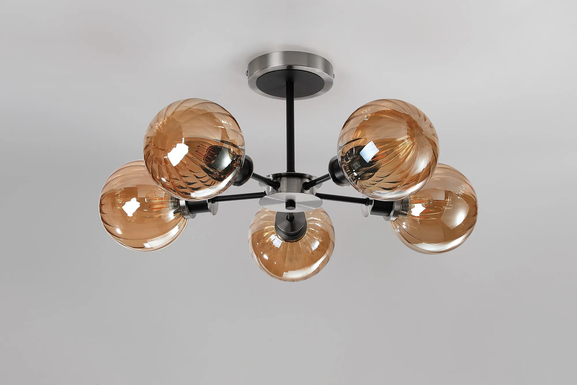 Sycamore Semi Ceiliing 5 Light with 15cm Round Segment Glass Shade - Satin Nickel, Amber Plated & Satin Black
