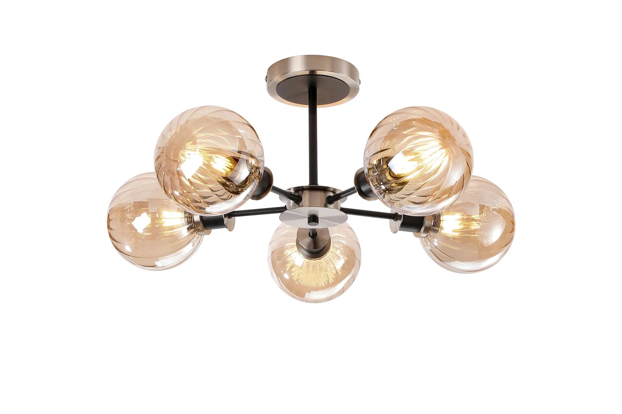 Sycamore Semi Ceiliing 5 Light with 15cm Round Segment Glass Shade - Satin Nickel, Amber Plated & Satin Black