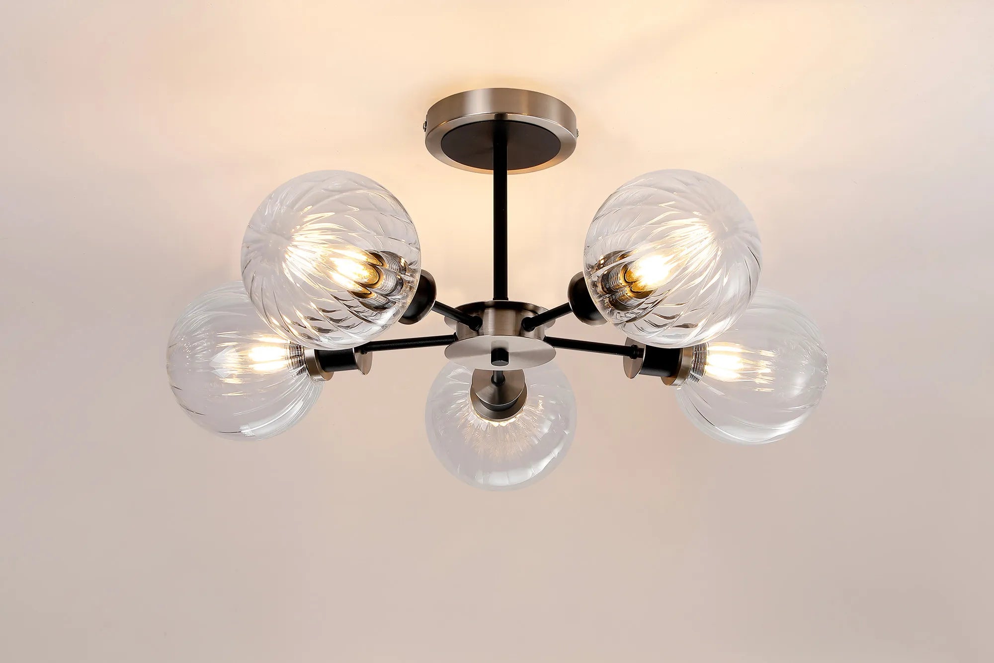Sycamore Semi Ceiliing 5 Light with 15cm Round Segment Glass Shade - Satin Nickel, Clear & Satin Black
