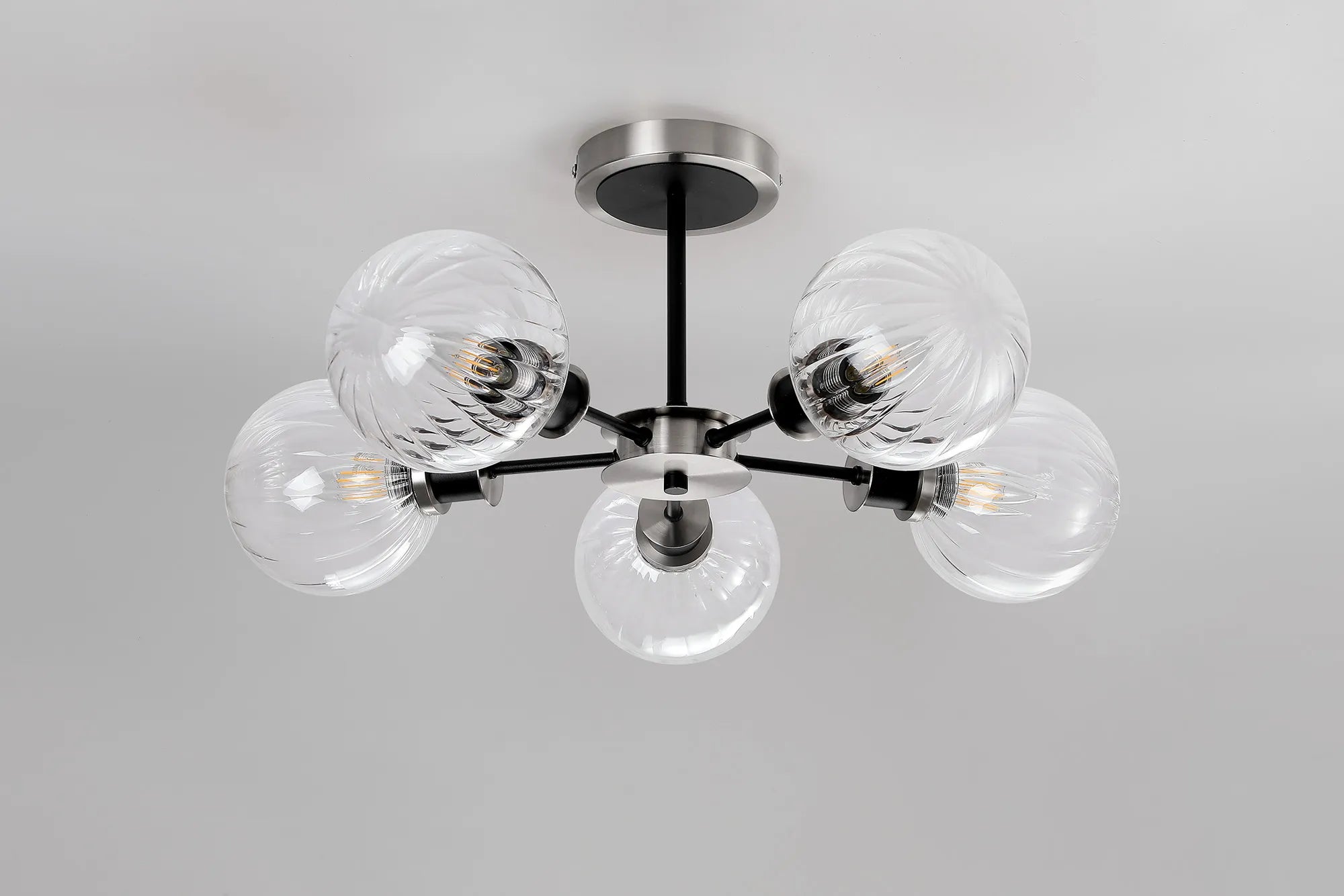 Sycamore Semi Ceiliing 5 Light with 15cm Round Segment Glass Shade - Satin Nickel, Clear & Satin Black