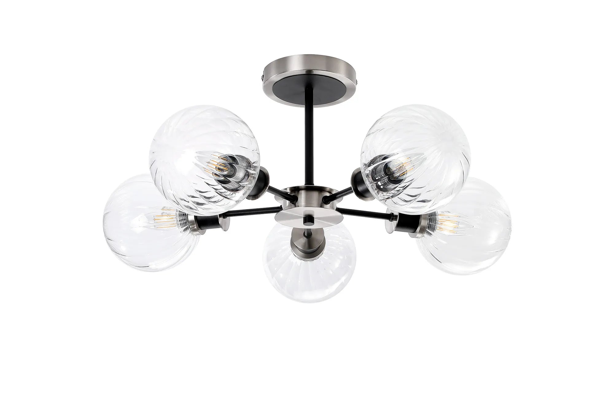 Sycamore Semi Ceiliing 5 Light with 15cm Round Segment Glass Shade - Satin Nickel, Clear & Satin Black