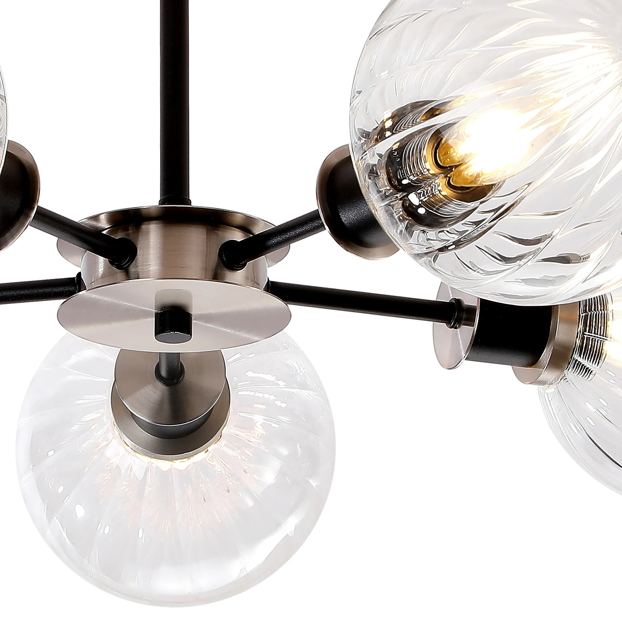 Sycamore Semi Ceiliing 5 Light with 15cm Round Segment Glass Shade - Satin Nickel, Clear & Satin Black