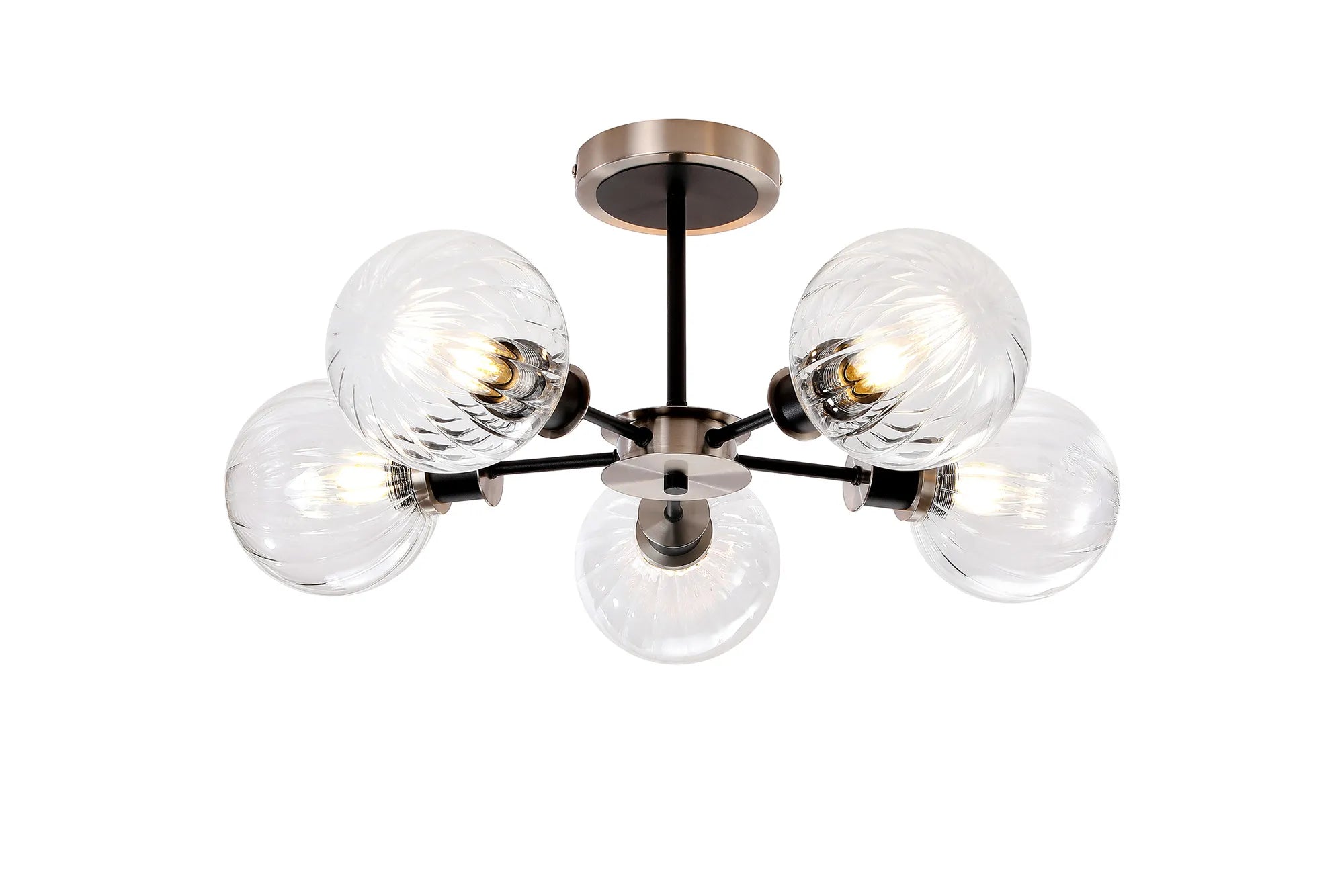 Sycamore Semi Ceiliing 5 Light with 15cm Round Segment Glass Shade - Satin Nickel, Clear & Satin Black